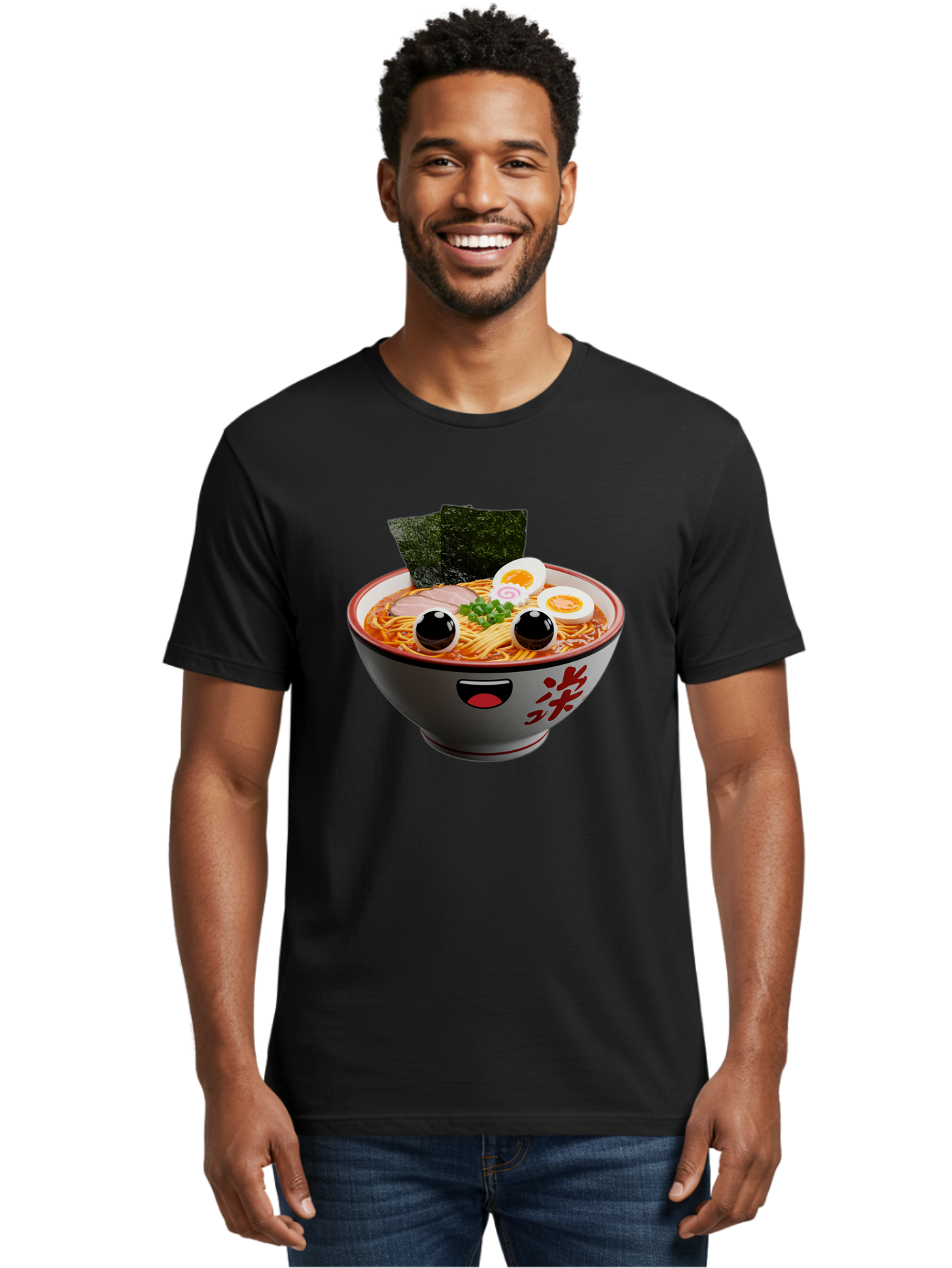 Ramen-Noodle Men'S Graphic Tee, 100% Cotton, Comfortable Casual Summer Wear, Machine Washable, Steaming Bowl Of Ramen, Japanese Cuisine, Noodle Soup, Sliced Pork, Boiled Egg, Green Onions, Seaweed, Cartoonish Illustration, Kawaii Food, Bab308