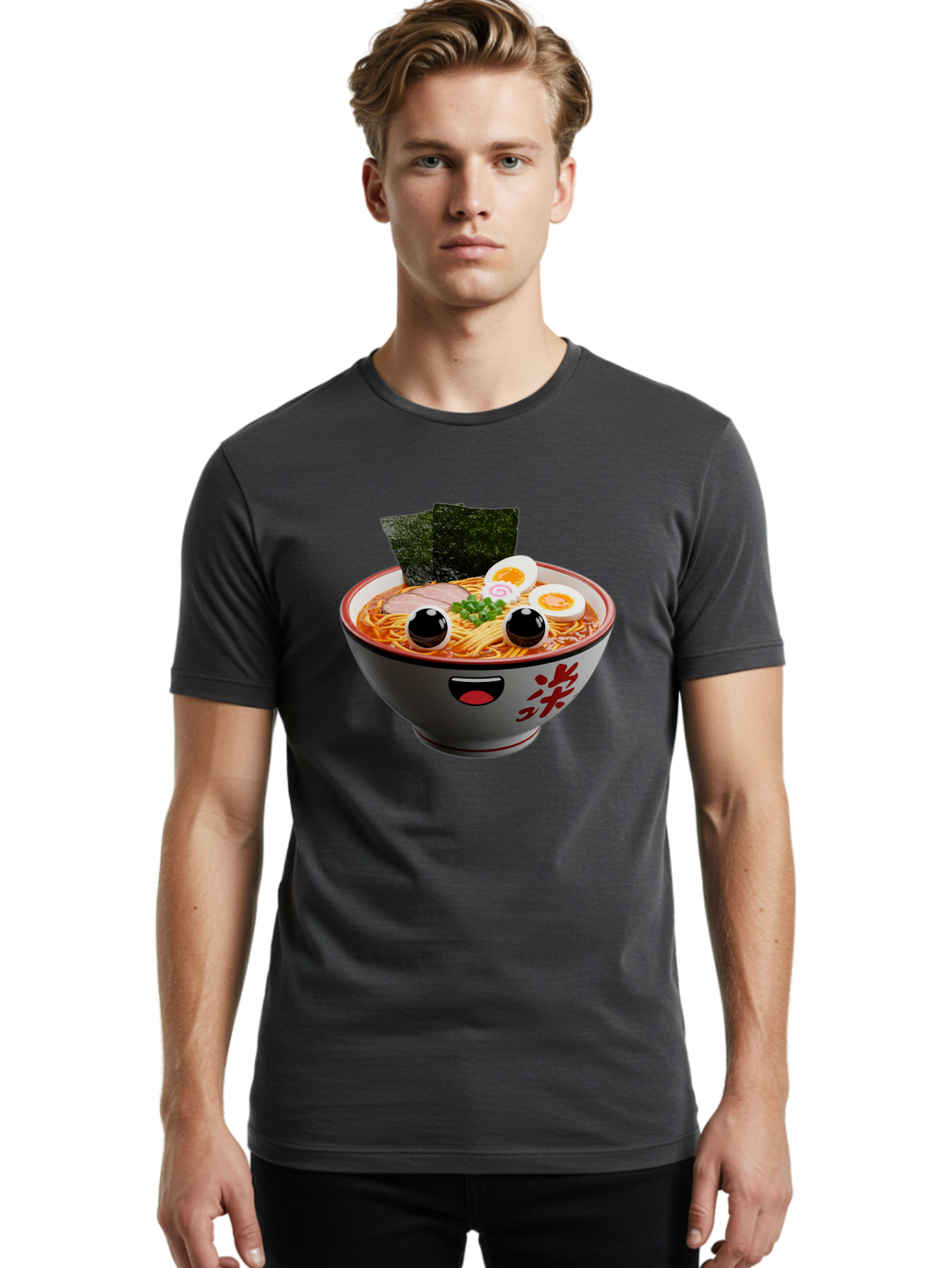 Ramen-Noodle Men'S Graphic Tee, 100% Cotton, Comfortable Casual Summer Wear, Machine Washable, Steaming Bowl Of Ramen, Japanese Cuisine, Noodle Soup, Sliced Pork, Boiled Egg, Green Onions, Seaweed, Cartoonish Illustration, Kawaii Food, Bab308