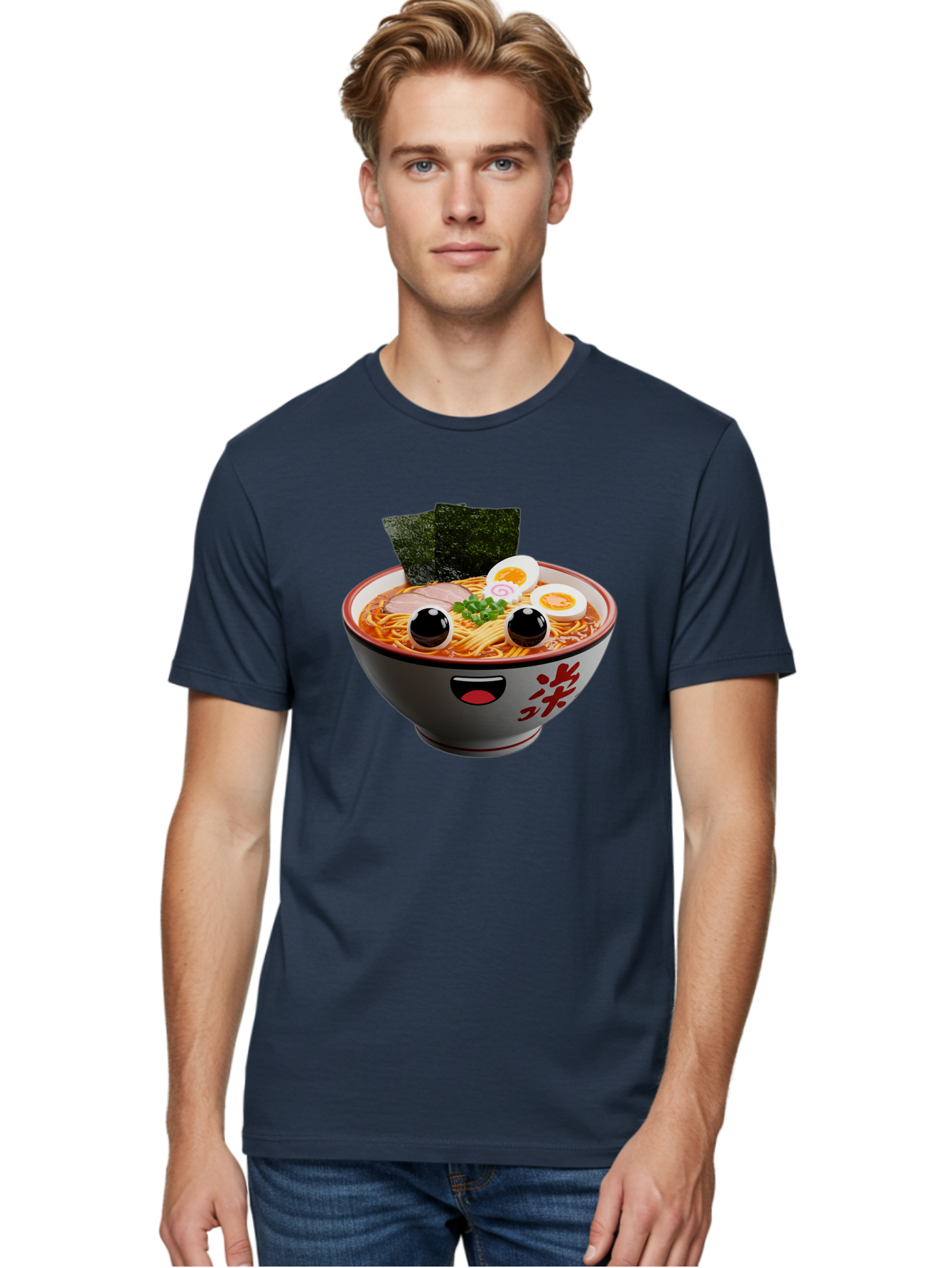 Ramen-Noodle Men'S Graphic Tee, 100% Cotton, Comfortable Casual Summer Wear, Machine Washable, Steaming Bowl Of Ramen, Japanese Cuisine, Noodle Soup, Sliced Pork, Boiled Egg, Green Onions, Seaweed, Cartoonish Illustration, Kawaii Food, Bab308