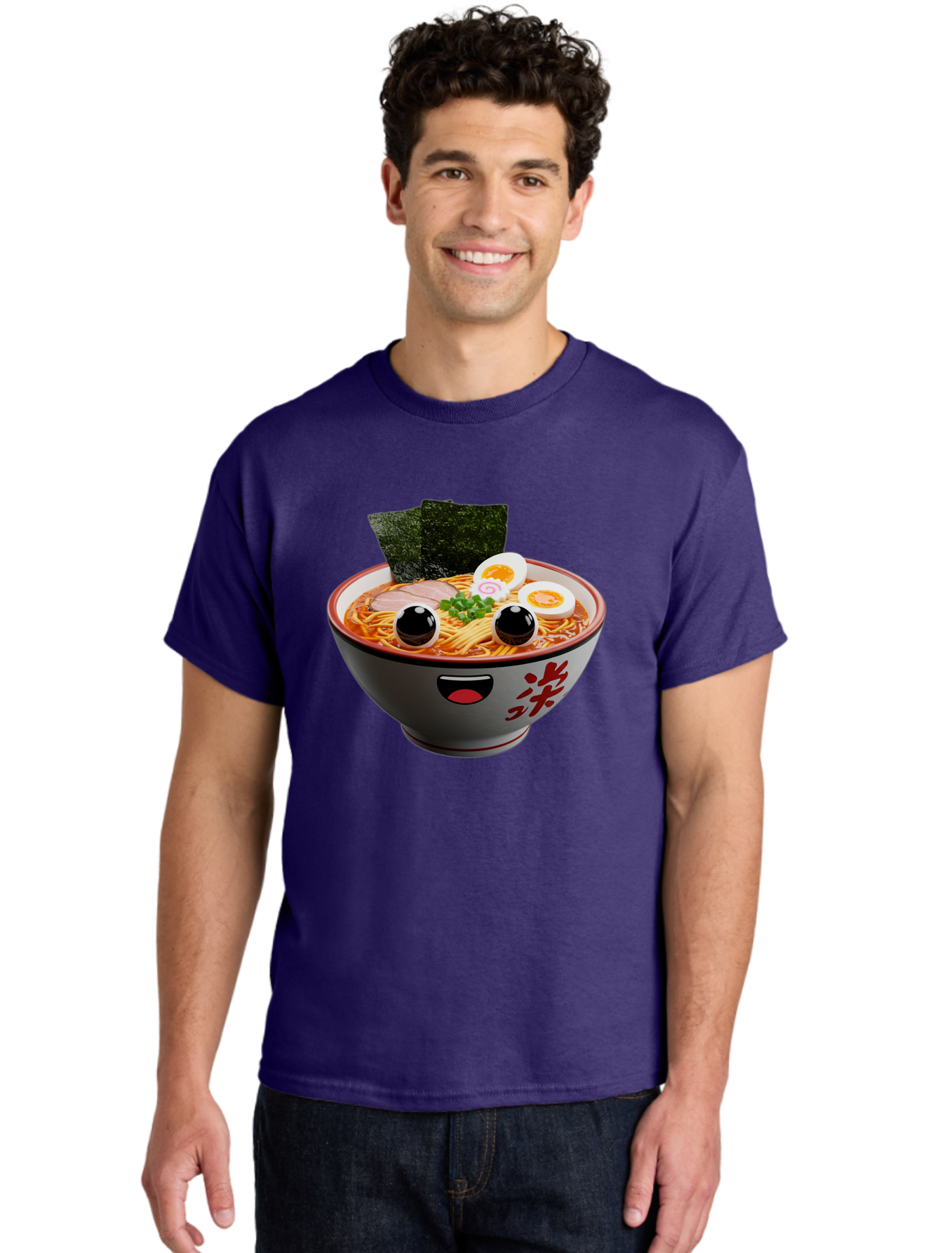 Ramen-Noodle Men'S Graphic Tee, 100% Cotton, Comfortable Casual Summer Wear, Machine Washable, Steaming Bowl Of Ramen, Japanese Cuisine, Noodle Soup, Sliced Pork, Boiled Egg, Green Onions, Seaweed, Cartoonish Illustration, Kawaii Food, Bab308