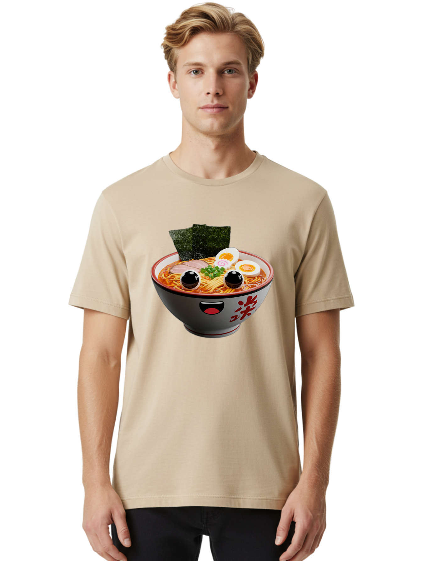 Ramen-Noodle Men'S Graphic Tee, 100% Cotton, Comfortable Casual Summer Wear, Machine Washable, Steaming Bowl Of Ramen, Japanese Cuisine, Noodle Soup, Sliced Pork, Boiled Egg, Green Onions, Seaweed, Cartoonish Illustration, Kawaii Food, Bab308