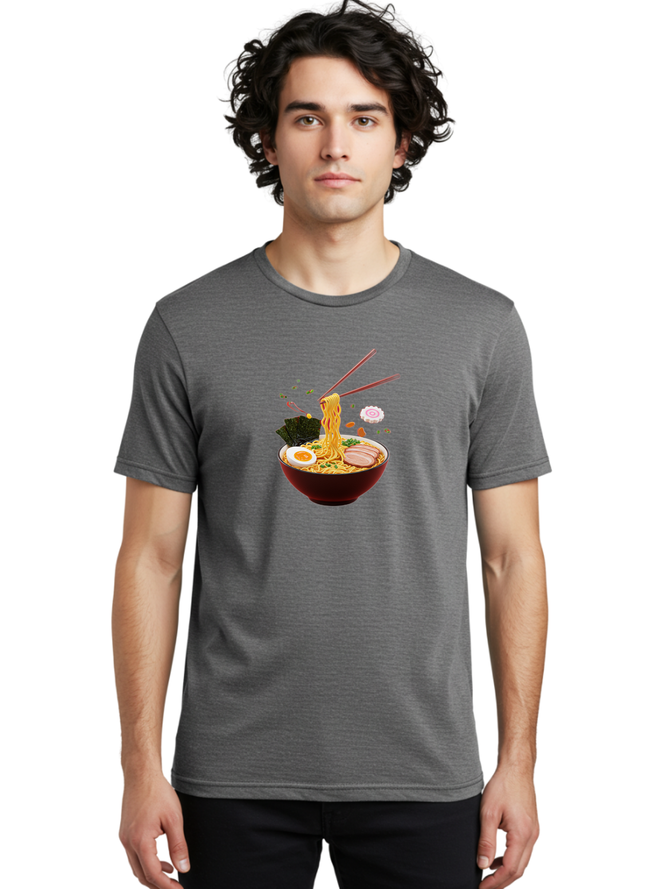 Ramen-Noodles-1 Men'S Graphic Tee, 100% Cotton, Comfortable Casual Summer Wear, Machine Washable, Bowl Of Ramen, Noodles, Sliced Egg, Seaweed, Pork Slices, Green Onions, Sesame Seeds, Chopsticks, Japanese Cuisine, Comfort Food, Savory Dish, Bab309