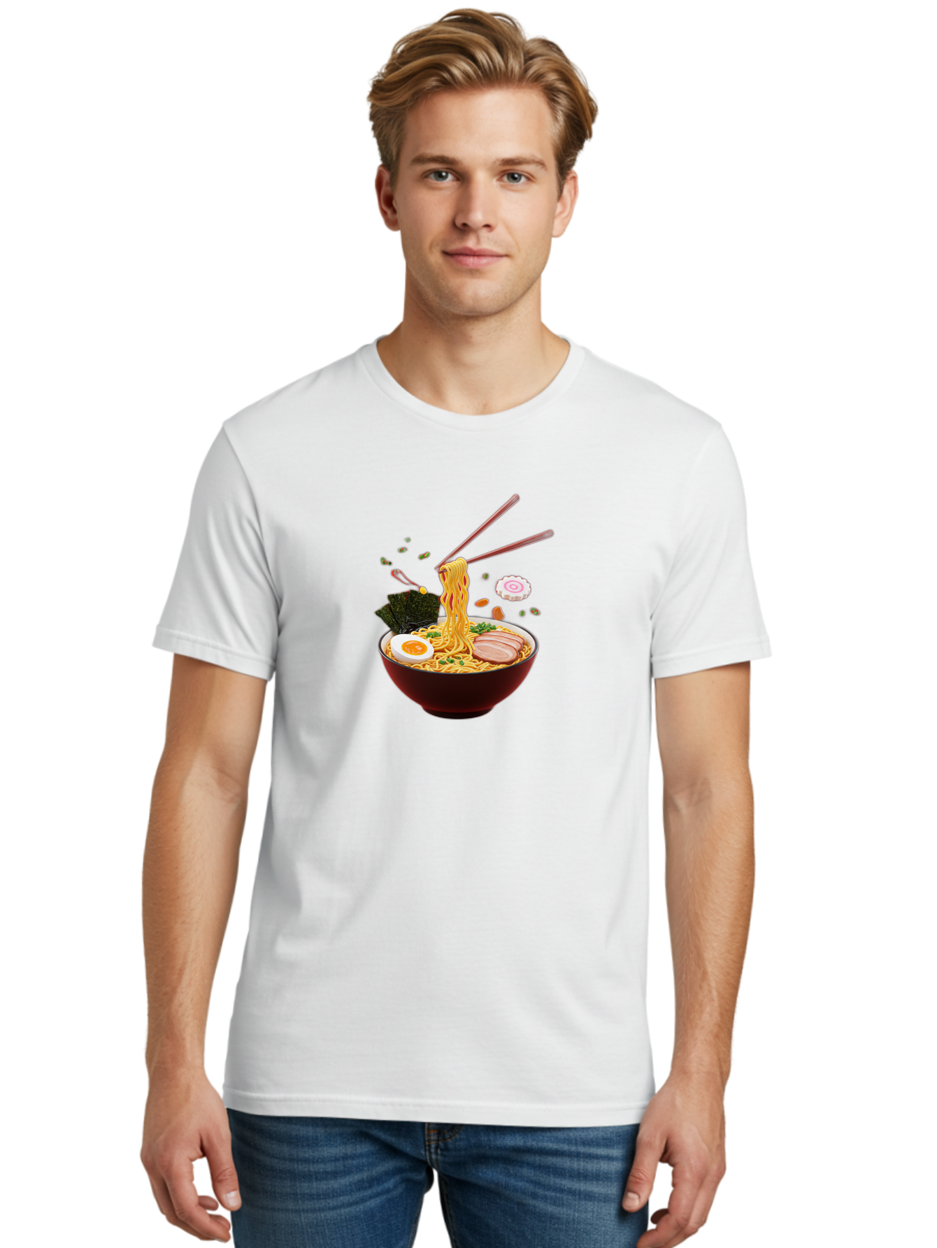 Ramen-Noodles-1 Men'S Graphic Tee, 100% Cotton, Comfortable Casual Summer Wear, Machine Washable, Bowl Of Ramen, Noodles, Sliced Egg, Seaweed, Pork Slices, Green Onions, Sesame Seeds, Chopsticks, Japanese Cuisine, Comfort Food, Savory Dish, Bab309