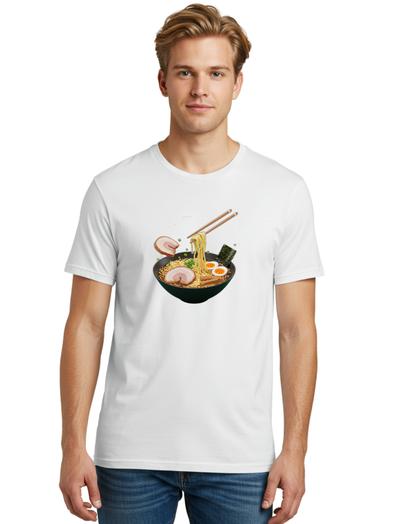 Ramen-Noodles-2 Men'S Graphic Tee, 100% Cotton, Comfortable Casual Summer Wear, Machine Washable, Ramen Noodles, Noodle Bowl, Japanese Cuisine, Pork Slices, Soft-Boiled Eggs, Seaweed, Bamboo Shoots, Chopsticks, Asian Food, Delicious Meal, Bab310