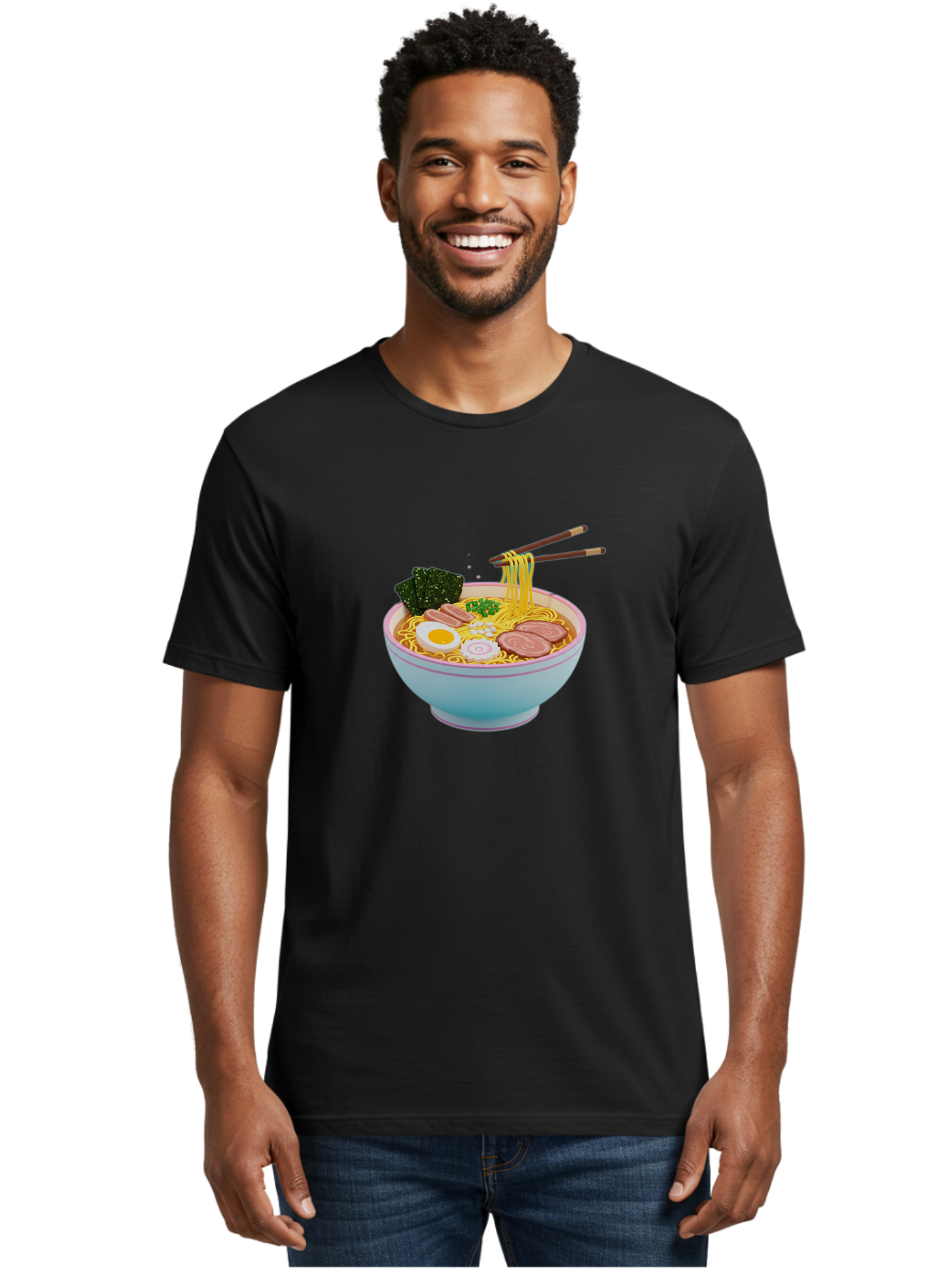 Ramen-Noodles-3 Men'S Graphic Tee, 100% Cotton, Comfortable Casual Summer Wear, Machine Washable, Ramen Noodles, Boiled Egg, Sliced Meat, Seaweed, Green Onions, Savory Broth, Asian Cuisine, Comfort Food, Noodle Soup, Chopsticks, Japanese Dish Bab311
