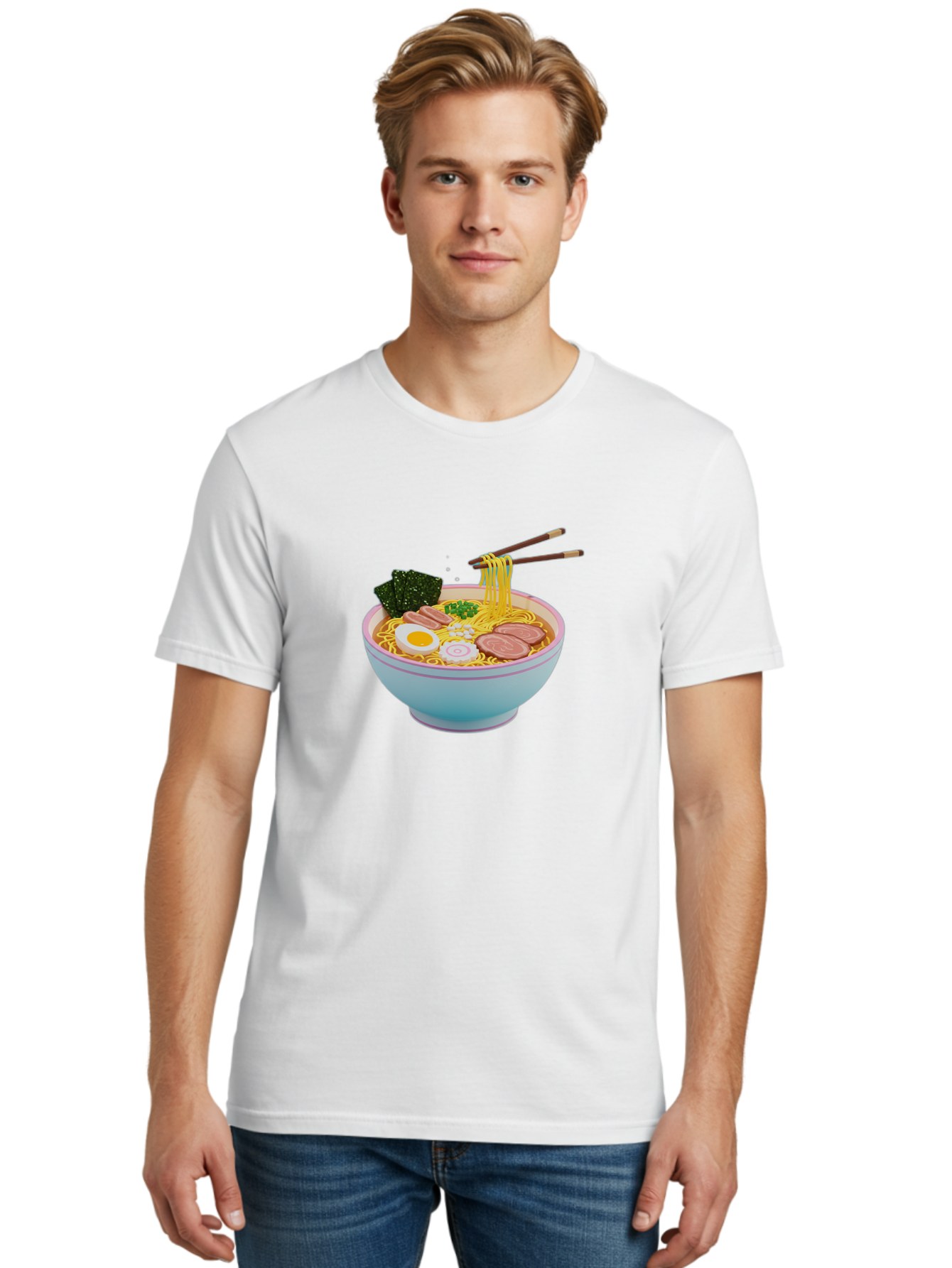 Ramen-Noodles-3 Men'S Graphic Tee, 100% Cotton, Comfortable Casual Summer Wear, Machine Washable, Ramen Noodles, Boiled Egg, Sliced Meat, Seaweed, Green Onions, Savory Broth, Asian Cuisine, Comfort Food, Noodle Soup, Chopsticks, Japanese Dish Bab311