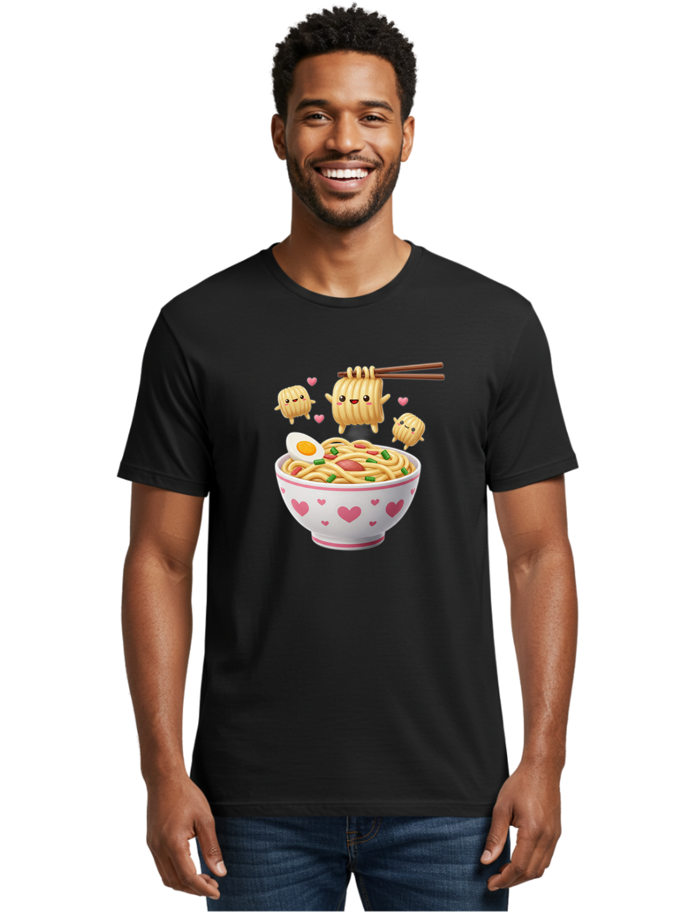 Ramen-Noodles-5 Men'S Graphic Tee, 100% Cotton, Comfortable Casual Summer Wear, Machine Washable, Cartoon Noodles, Happy Faces, Heart Designs, Bowl Of Noodles, Ramen, Egg, Chopsticks, Animated Characters, Kawaii, Digital Art, Cartoon Food, Bab313