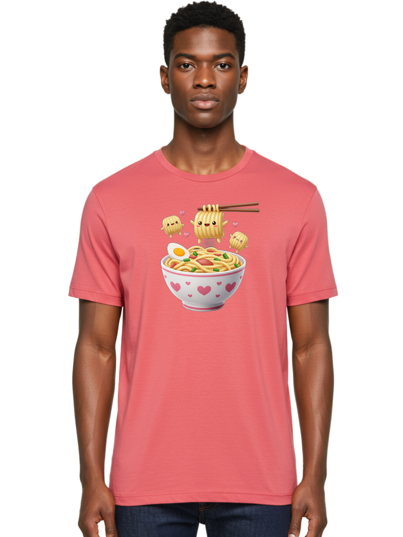 Ramen-Noodles-5 Men'S Graphic Tee, 100% Cotton, Comfortable Casual Summer Wear, Machine Washable, Cartoon Noodles, Happy Faces, Heart Designs, Bowl Of Noodles, Ramen, Egg, Chopsticks, Animated Characters, Kawaii, Digital Art, Cartoon Food, Bab313