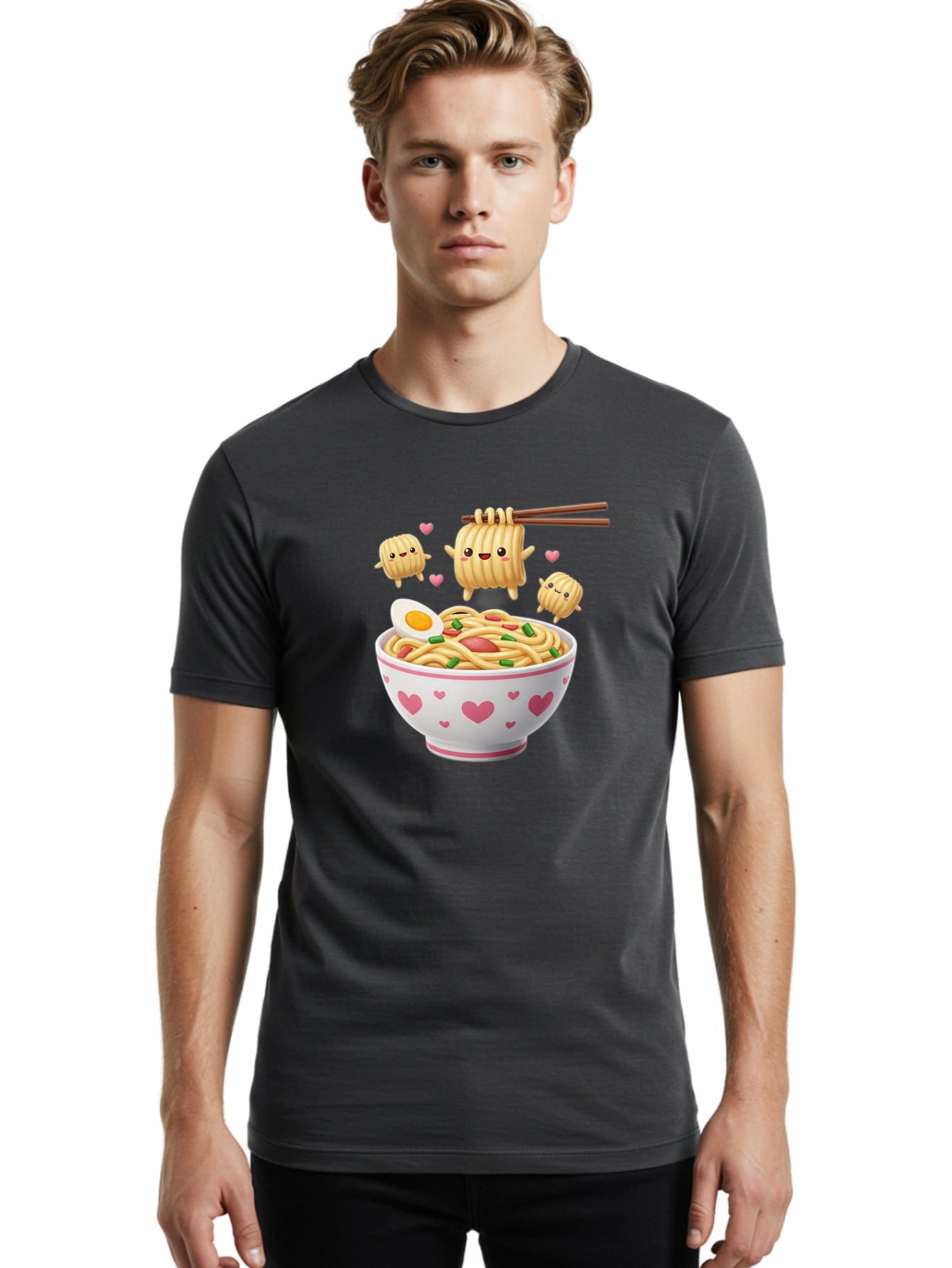 Ramen-Noodles-5 Men'S Graphic Tee, 100% Cotton, Comfortable Casual Summer Wear, Machine Washable, Cartoon Noodles, Happy Faces, Heart Designs, Bowl Of Noodles, Ramen, Egg, Chopsticks, Animated Characters, Kawaii, Digital Art, Cartoon Food, Bab313