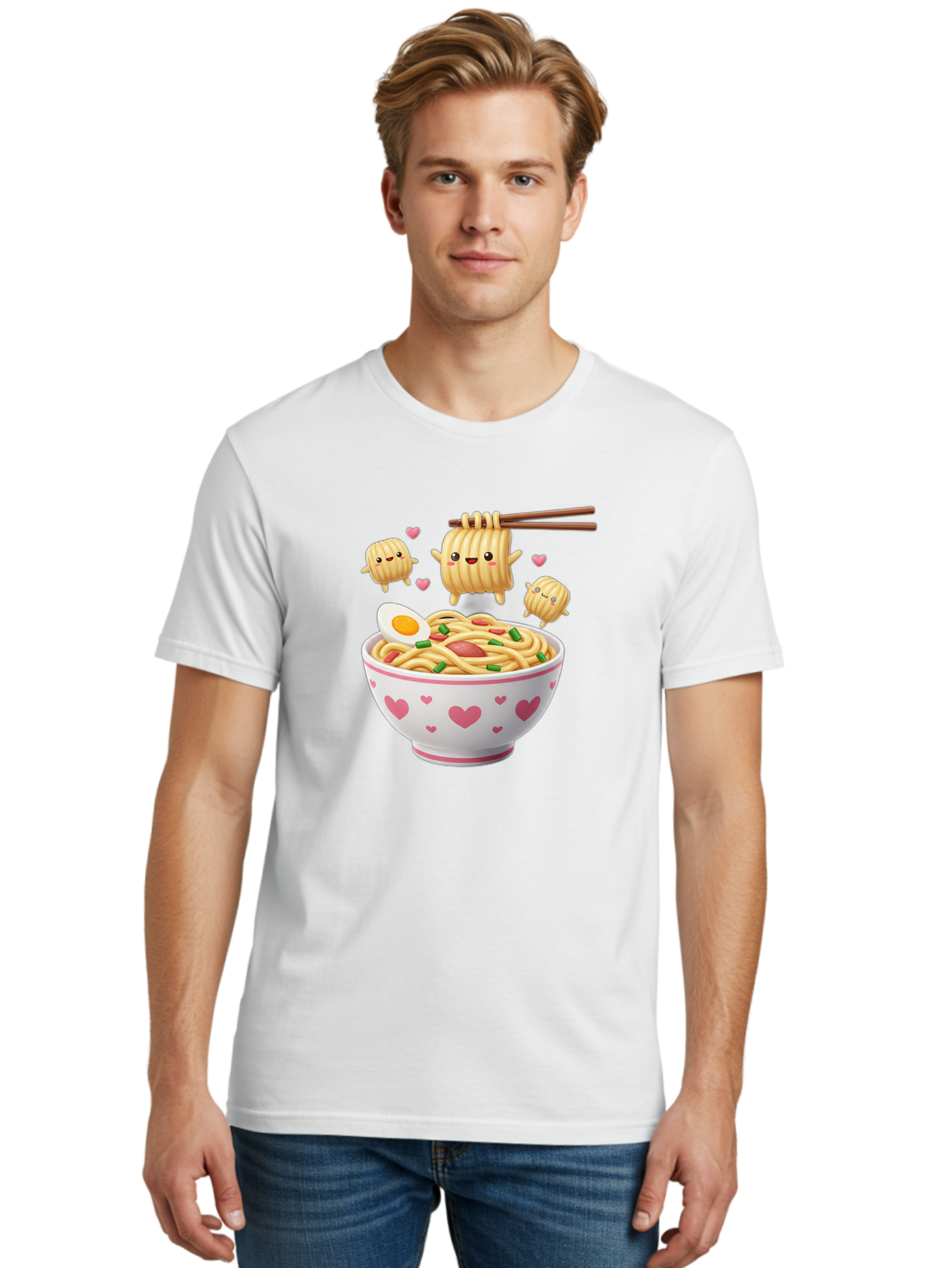 Ramen-Noodles-5 Men'S Graphic Tee, 100% Cotton, Comfortable Casual Summer Wear, Machine Washable, Cartoon Noodles, Happy Faces, Heart Designs, Bowl Of Noodles, Ramen, Egg, Chopsticks, Animated Characters, Kawaii, Digital Art, Cartoon Food, Bab313