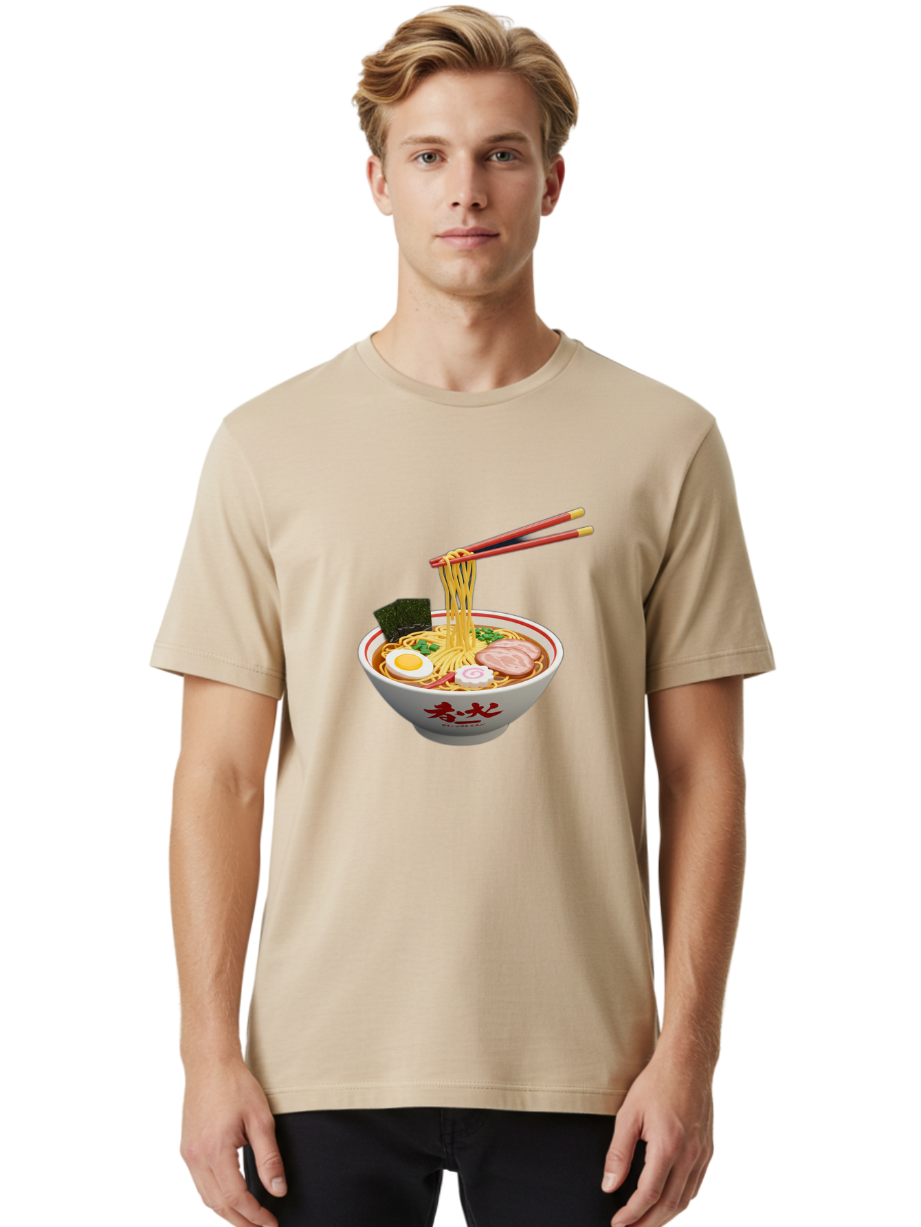 Ramen-Noodles-6 Men'S Graphic Tee, 100% Cotton, Comfortable Casual Summer Wear, Machine Washable, Steaming Bowl Of Ramen, Japanese Noodle Soup, Boiled Egg, Sliced Pork, Seaweed, Green Onions, Chopsticks, Asian Cuisine, Savory Broth, Bab314