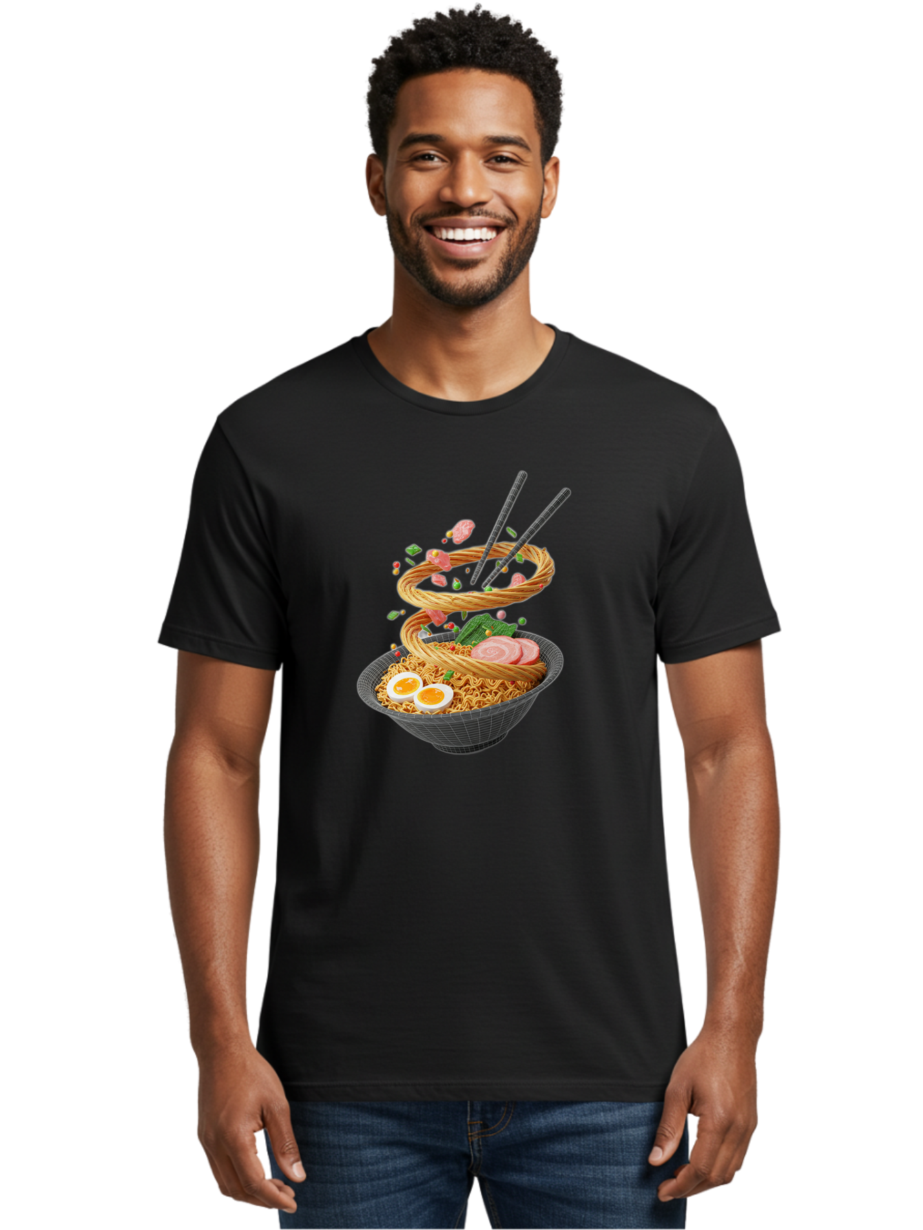 Ramen-Noodles Men'S Graphic Tee, 100% Cotton, Comfortable Casual Summer Wear, Machine Washable, Ramen Noodles, Delicious Bowl, Savory Dish, Asian Cuisine, Eggs, Sliced Pork, Green Onions, Chopsticks, Swirling Noodles, Foodie Art, Tasty Meal, Bab316