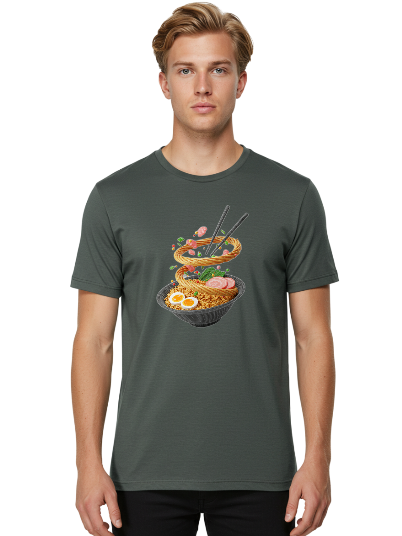 Ramen-Noodles Men'S Graphic Tee, 100% Cotton, Comfortable Casual Summer Wear, Machine Washable, Ramen Noodles, Delicious Bowl, Savory Dish, Asian Cuisine, Eggs, Sliced Pork, Green Onions, Chopsticks, Swirling Noodles, Foodie Art, Tasty Meal, Bab316