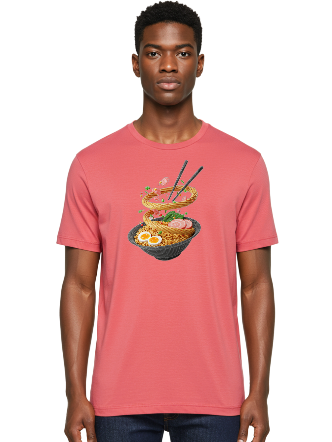 Ramen-Noodles Men'S Graphic Tee, 100% Cotton, Comfortable Casual Summer Wear, Machine Washable, Ramen Noodles, Delicious Bowl, Savory Dish, Asian Cuisine, Eggs, Sliced Pork, Green Onions, Chopsticks, Swirling Noodles, Foodie Art, Tasty Meal, Bab316