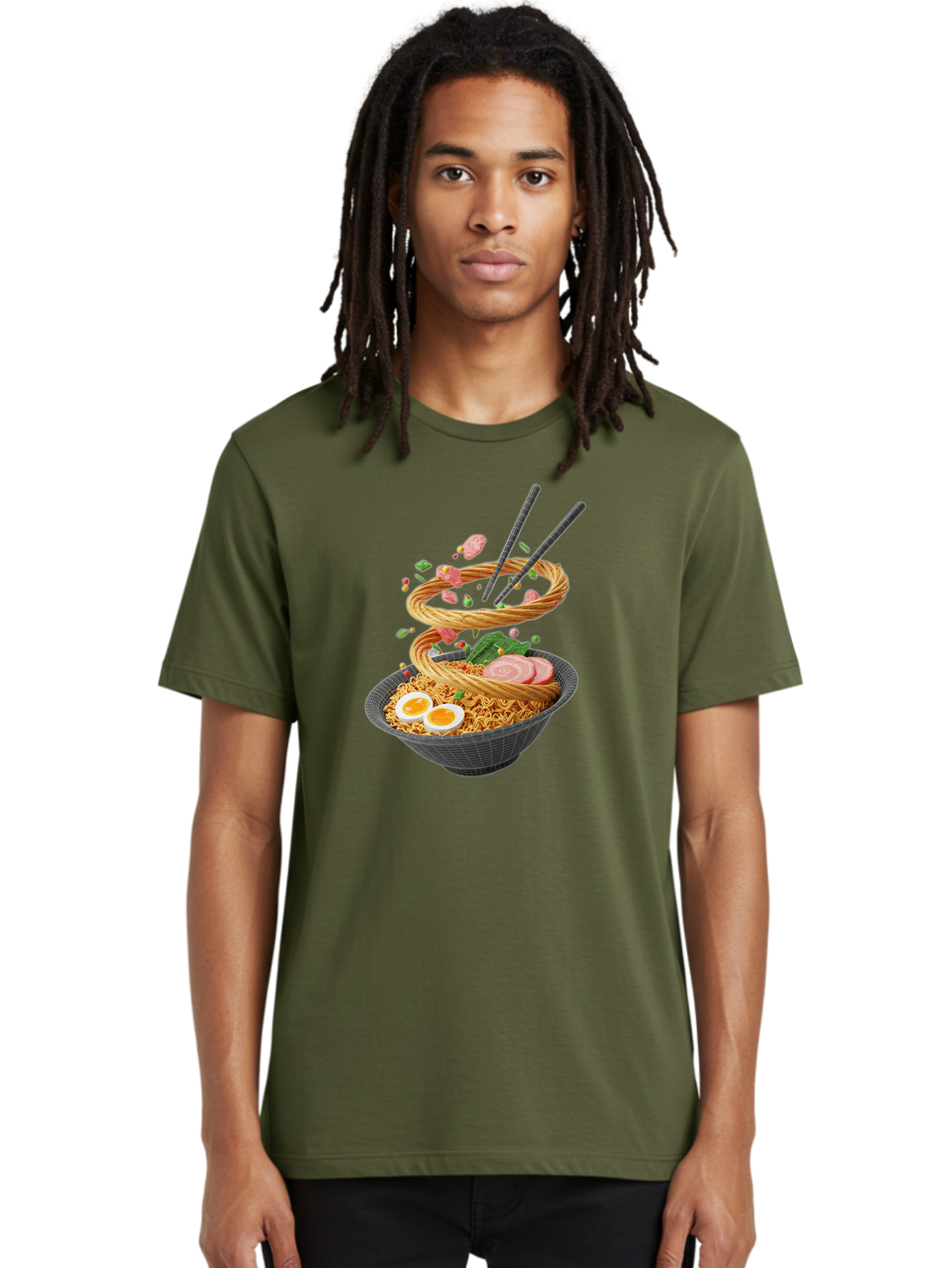 Ramen-Noodles Men'S Graphic Tee, 100% Cotton, Comfortable Casual Summer Wear, Machine Washable, Ramen Noodles, Delicious Bowl, Savory Dish, Asian Cuisine, Eggs, Sliced Pork, Green Onions, Chopsticks, Swirling Noodles, Foodie Art, Tasty Meal, Bab316