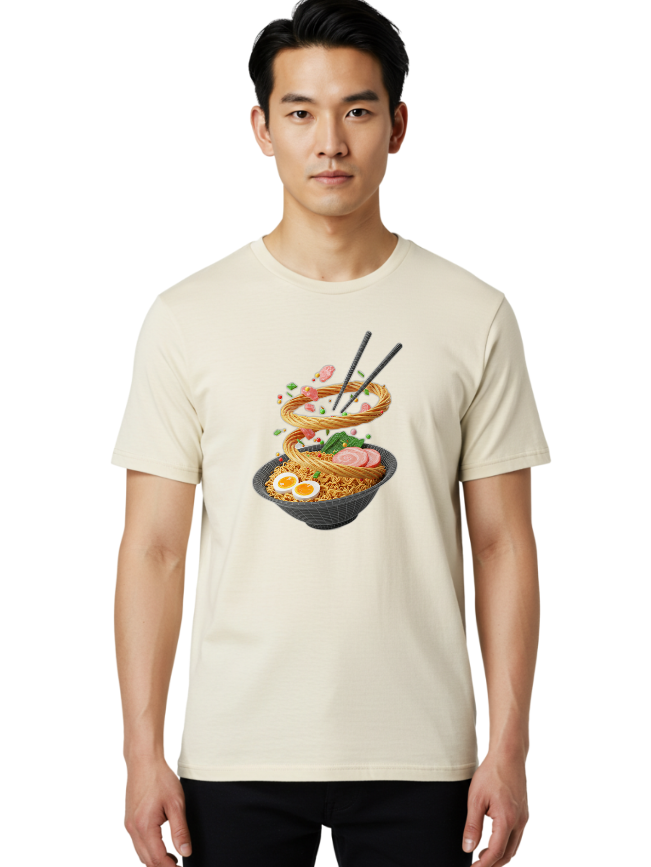 Ramen-Noodles Men'S Graphic Tee, 100% Cotton, Comfortable Casual Summer Wear, Machine Washable, Ramen Noodles, Delicious Bowl, Savory Dish, Asian Cuisine, Eggs, Sliced Pork, Green Onions, Chopsticks, Swirling Noodles, Foodie Art, Tasty Meal, Bab316