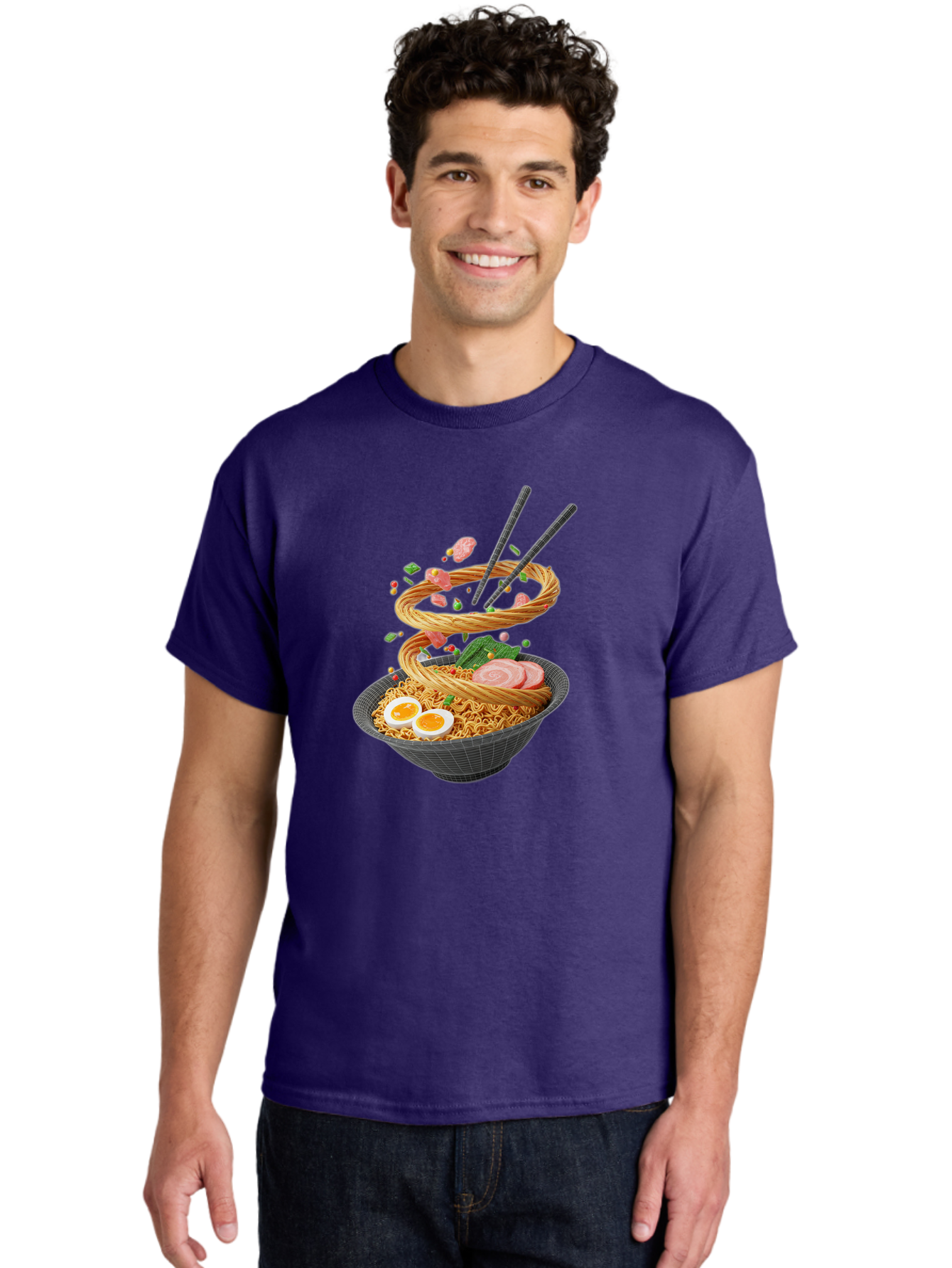 Ramen-Noodles Men'S Graphic Tee, 100% Cotton, Comfortable Casual Summer Wear, Machine Washable, Ramen Noodles, Delicious Bowl, Savory Dish, Asian Cuisine, Eggs, Sliced Pork, Green Onions, Chopsticks, Swirling Noodles, Foodie Art, Tasty Meal, Bab316