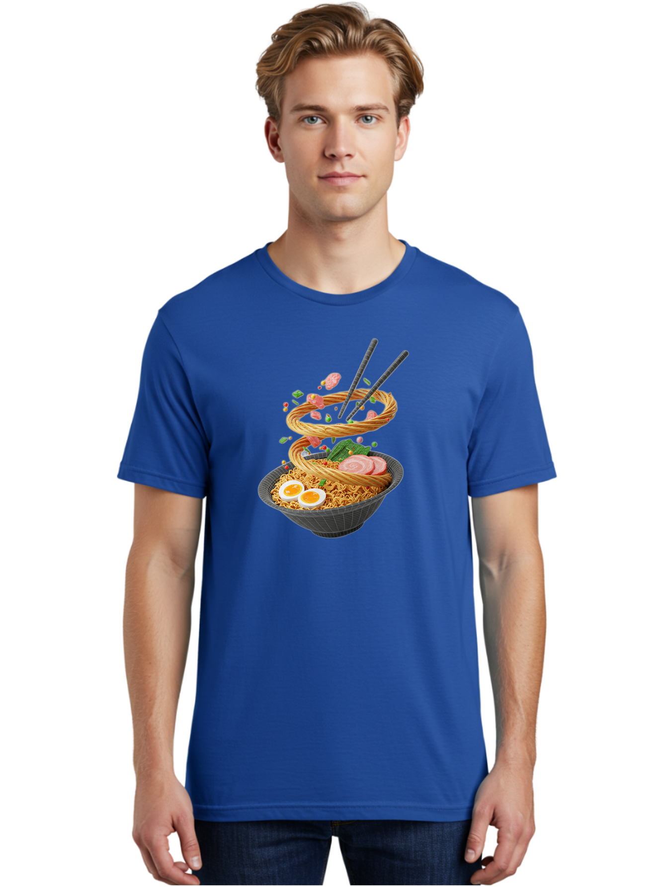 Ramen-Noodles Men'S Graphic Tee, 100% Cotton, Comfortable Casual Summer Wear, Machine Washable, Ramen Noodles, Delicious Bowl, Savory Dish, Asian Cuisine, Eggs, Sliced Pork, Green Onions, Chopsticks, Swirling Noodles, Foodie Art, Tasty Meal, Bab316