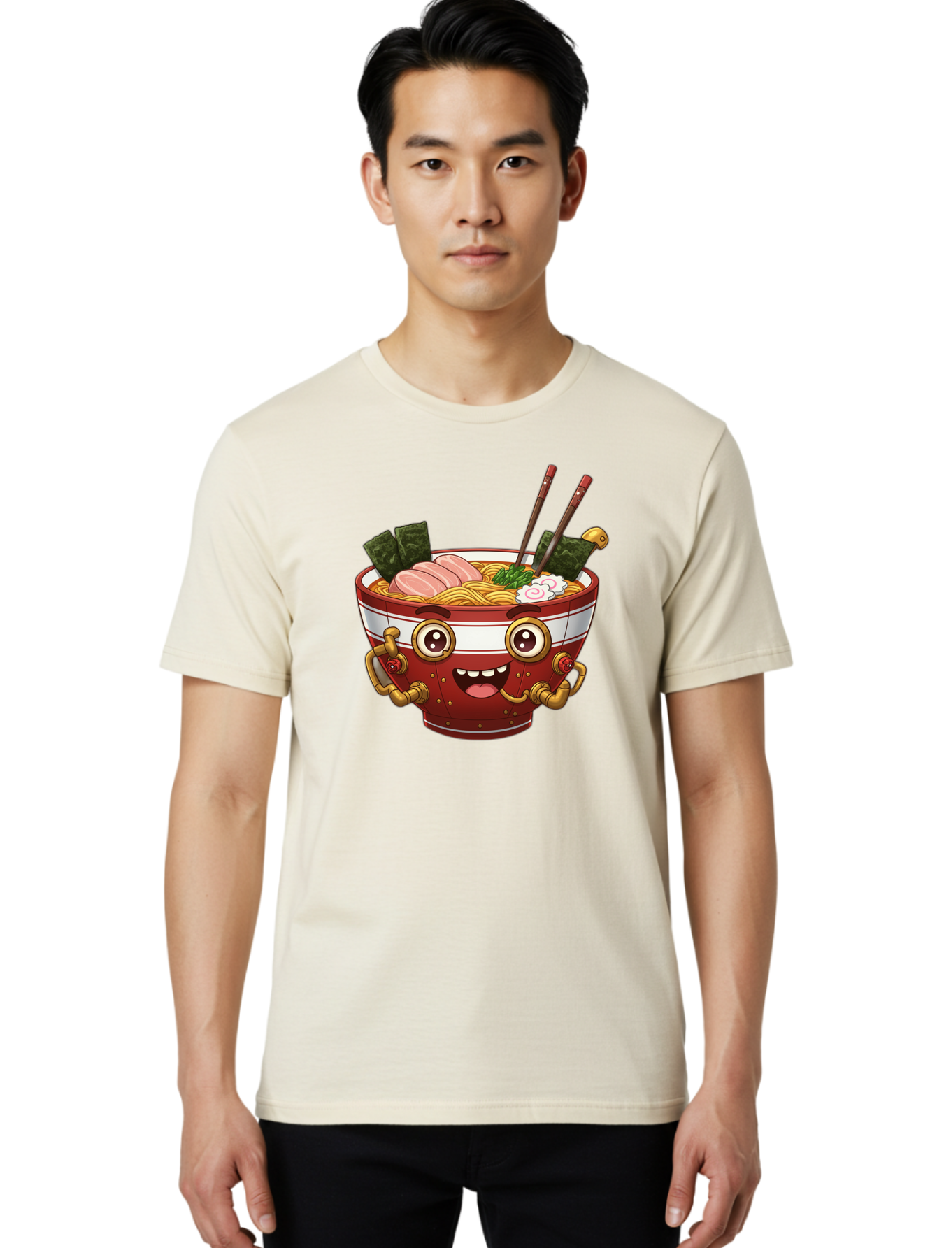 Ramen-Robot-1 Men'S Graphic Tee, 100% Cotton, Comfortable Casual Summer Wear, Machine Washable, Steaming Hot Ramen, Japanese Noodle Soup, Cartoon Ramen Bowl, Robotic Ramen, Delicious Food, Anime Style, Asian Cuisine, Tasty Noodles, Bab317