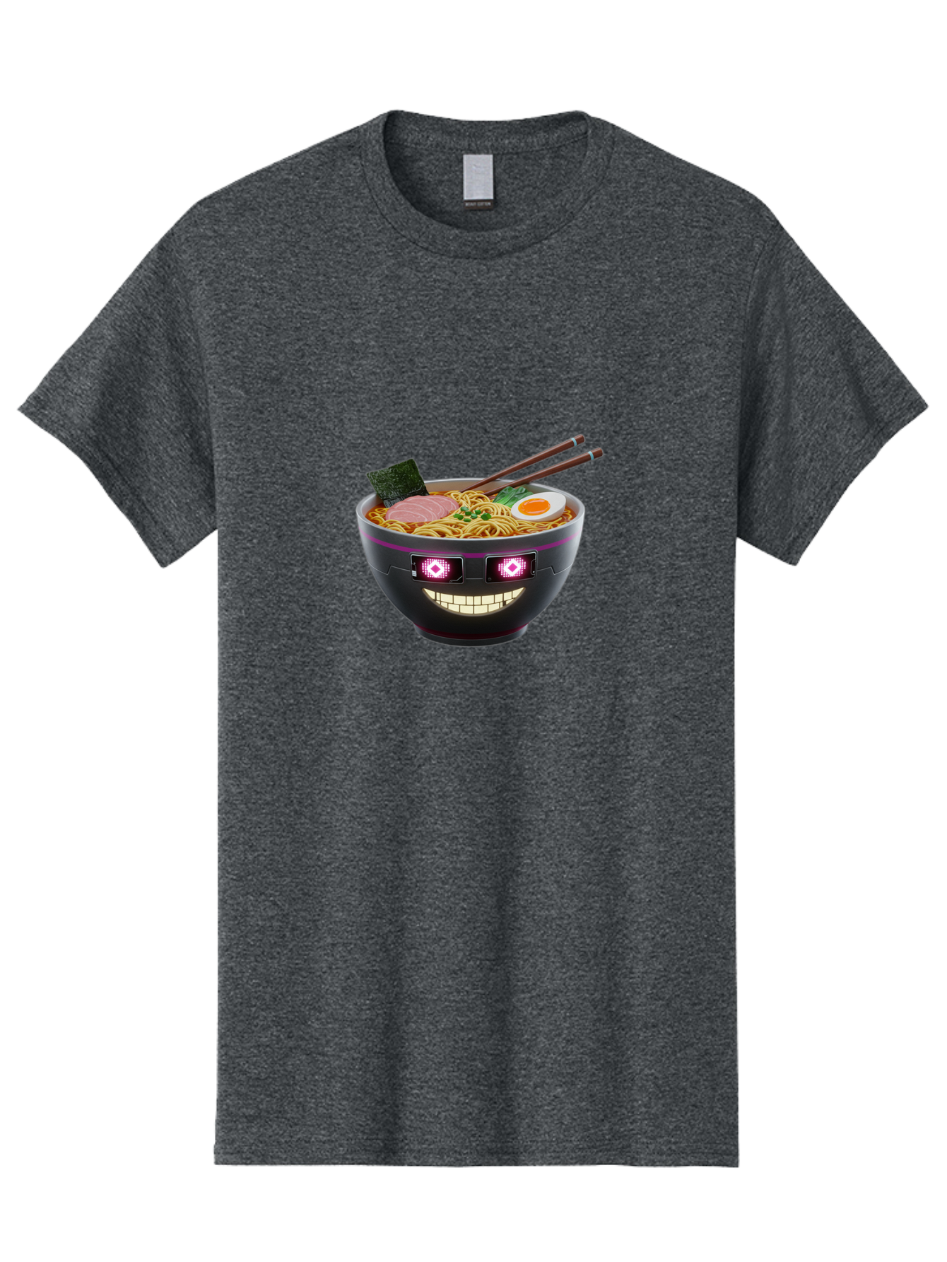 Ramen-Robot Men'S Graphic Tee, 100% Cotton, Comfortable Casual Summer Wear, Machine Washable, Ramen Bowl, Digital Illustration, Glowing Eyes, Robotic Face, Noodle Dish, Japanese Cuisine, Pink Accents, Chopsticks, Sliced Ham, Seaweed, Bab318