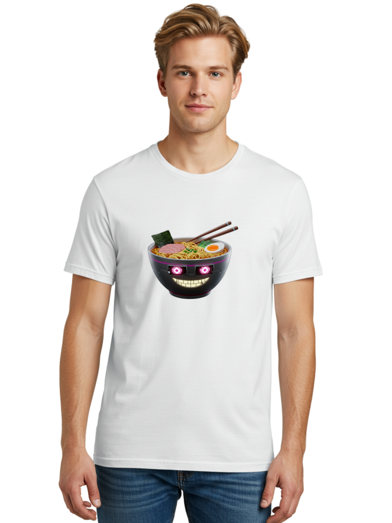 Ramen-Robot Men'S Graphic Tee, 100% Cotton, Comfortable Casual Summer Wear, Machine Washable, Ramen Bowl, Digital Illustration, Glowing Eyes, Robotic Face, Noodle Dish, Japanese Cuisine, Pink Accents, Chopsticks, Sliced Ham, Seaweed, Bab318