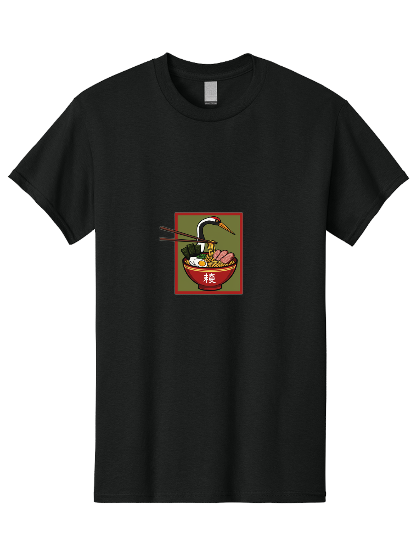 Ramen-With-Crane Men'S Graphic Tee, 100% Cotton, Comfortable Casual Summer Wear, Machine Washable, Ramen Bowl, Japanese Noodle Soup, Crane Bird, Chopsticks, Boiled Egg, Pork Slices, Seaweed, Kanji Characters, Oriental Cuisine, Savory Dish Bab319