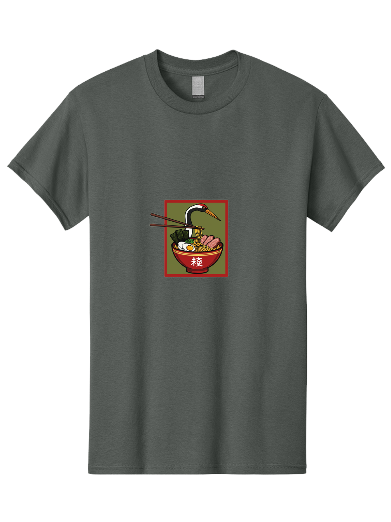Ramen-With-Crane Men'S Graphic Tee, 100% Cotton, Comfortable Casual Summer Wear, Machine Washable, Ramen Bowl, Japanese Noodle Soup, Crane Bird, Chopsticks, Boiled Egg, Pork Slices, Seaweed, Kanji Characters, Oriental Cuisine, Savory Dish Bab319