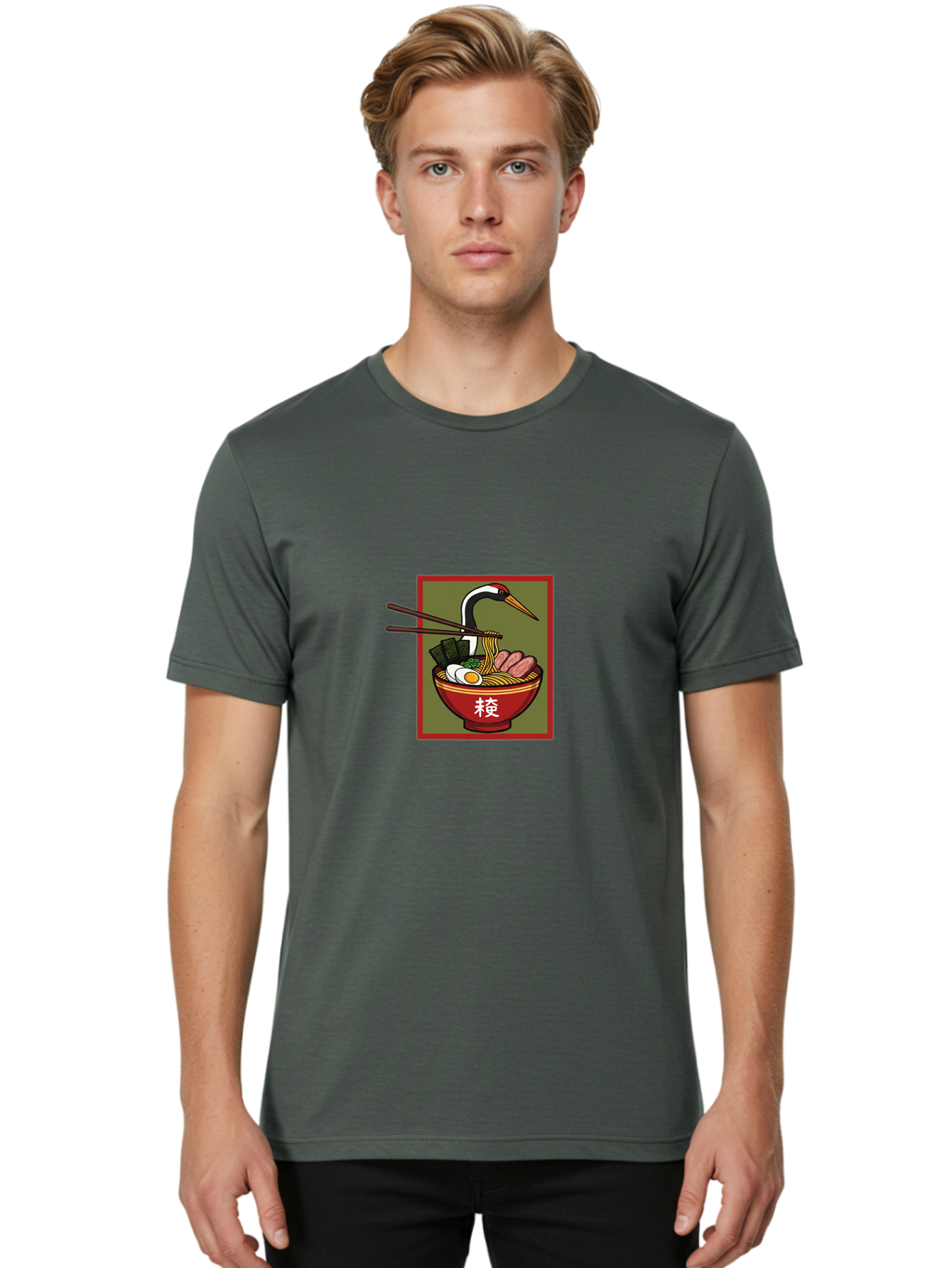 Ramen-With-Crane Men'S Graphic Tee, 100% Cotton, Comfortable Casual Summer Wear, Machine Washable, Ramen Bowl, Japanese Noodle Soup, Crane Bird, Chopsticks, Boiled Egg, Pork Slices, Seaweed, Kanji Characters, Oriental Cuisine, Savory Dish Bab319