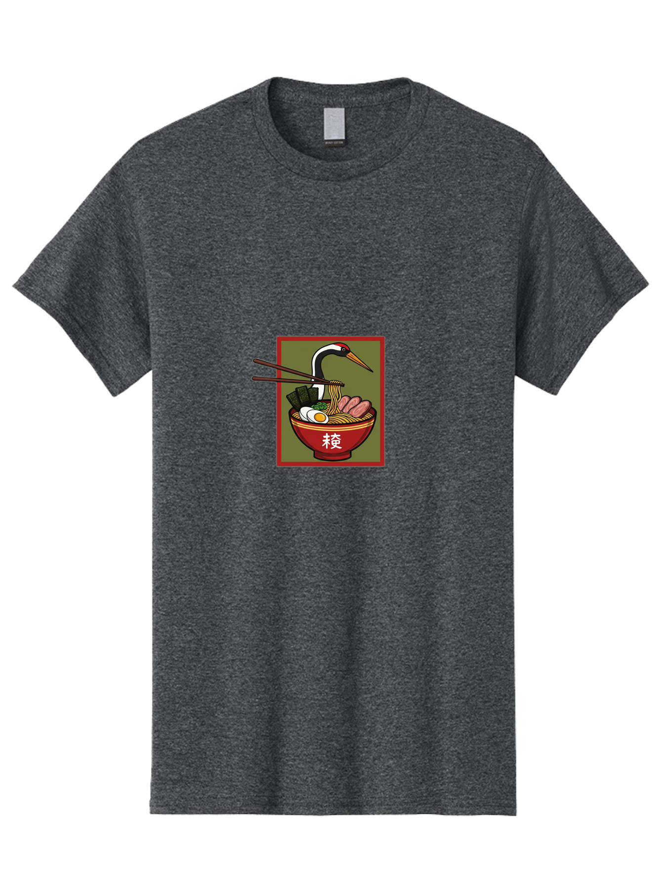 Ramen-With-Crane Men'S Graphic Tee, 100% Cotton, Comfortable Casual Summer Wear, Machine Washable, Ramen Bowl, Japanese Noodle Soup, Crane Bird, Chopsticks, Boiled Egg, Pork Slices, Seaweed, Kanji Characters, Oriental Cuisine, Savory Dish Bab319