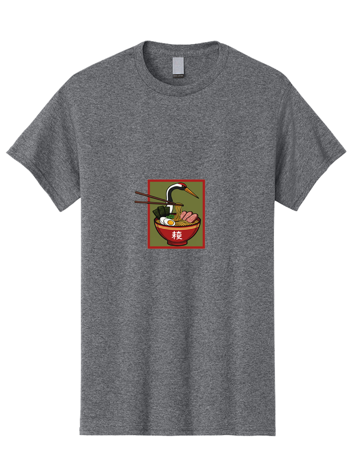 Ramen-With-Crane Men'S Graphic Tee, 100% Cotton, Comfortable Casual Summer Wear, Machine Washable, Ramen Bowl, Japanese Noodle Soup, Crane Bird, Chopsticks, Boiled Egg, Pork Slices, Seaweed, Kanji Characters, Oriental Cuisine, Savory Dish Bab319