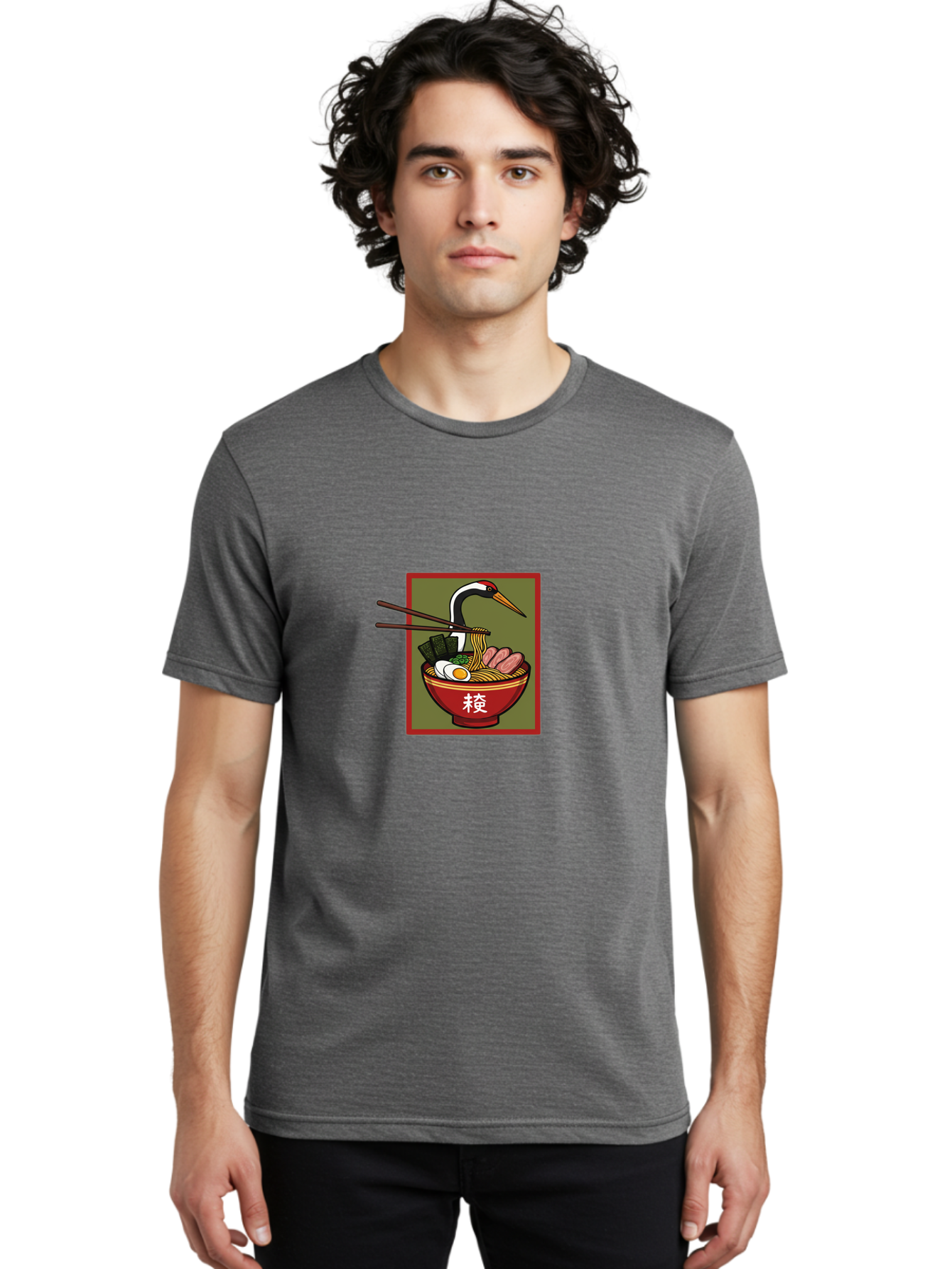 Ramen-With-Crane Men'S Graphic Tee, 100% Cotton, Comfortable Casual Summer Wear, Machine Washable, Ramen Bowl, Japanese Noodle Soup, Crane Bird, Chopsticks, Boiled Egg, Pork Slices, Seaweed, Kanji Characters, Oriental Cuisine, Savory Dish Bab319