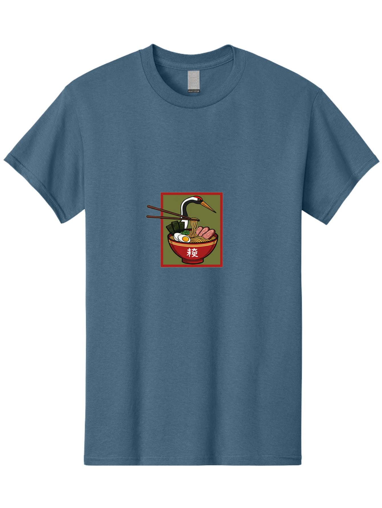 Ramen-With-Crane Men'S Graphic Tee, 100% Cotton, Comfortable Casual Summer Wear, Machine Washable, Ramen Bowl, Japanese Noodle Soup, Crane Bird, Chopsticks, Boiled Egg, Pork Slices, Seaweed, Kanji Characters, Oriental Cuisine, Savory Dish Bab319