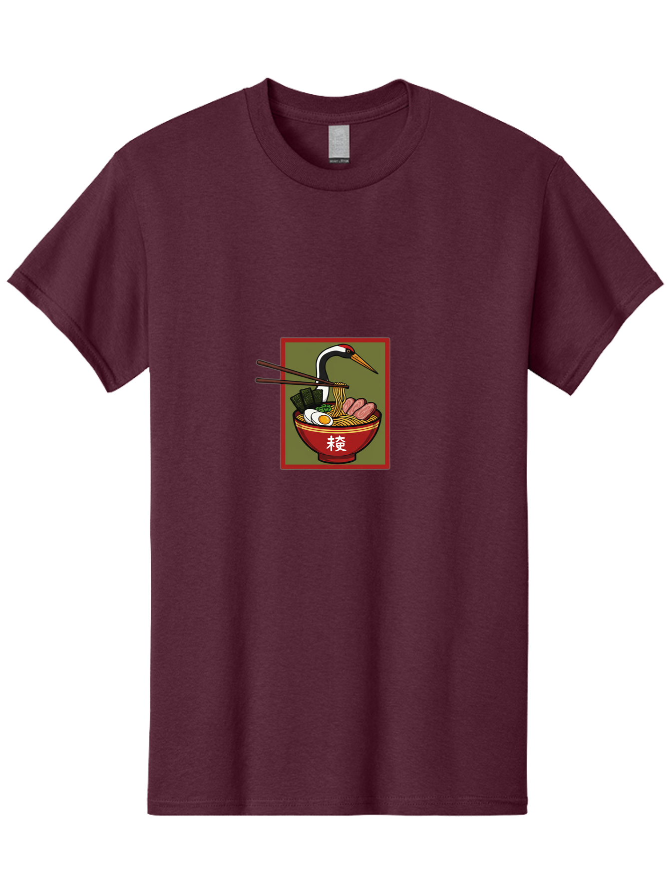 Ramen-With-Crane Men'S Graphic Tee, 100% Cotton, Comfortable Casual Summer Wear, Machine Washable, Ramen Bowl, Japanese Noodle Soup, Crane Bird, Chopsticks, Boiled Egg, Pork Slices, Seaweed, Kanji Characters, Oriental Cuisine, Savory Dish Bab319