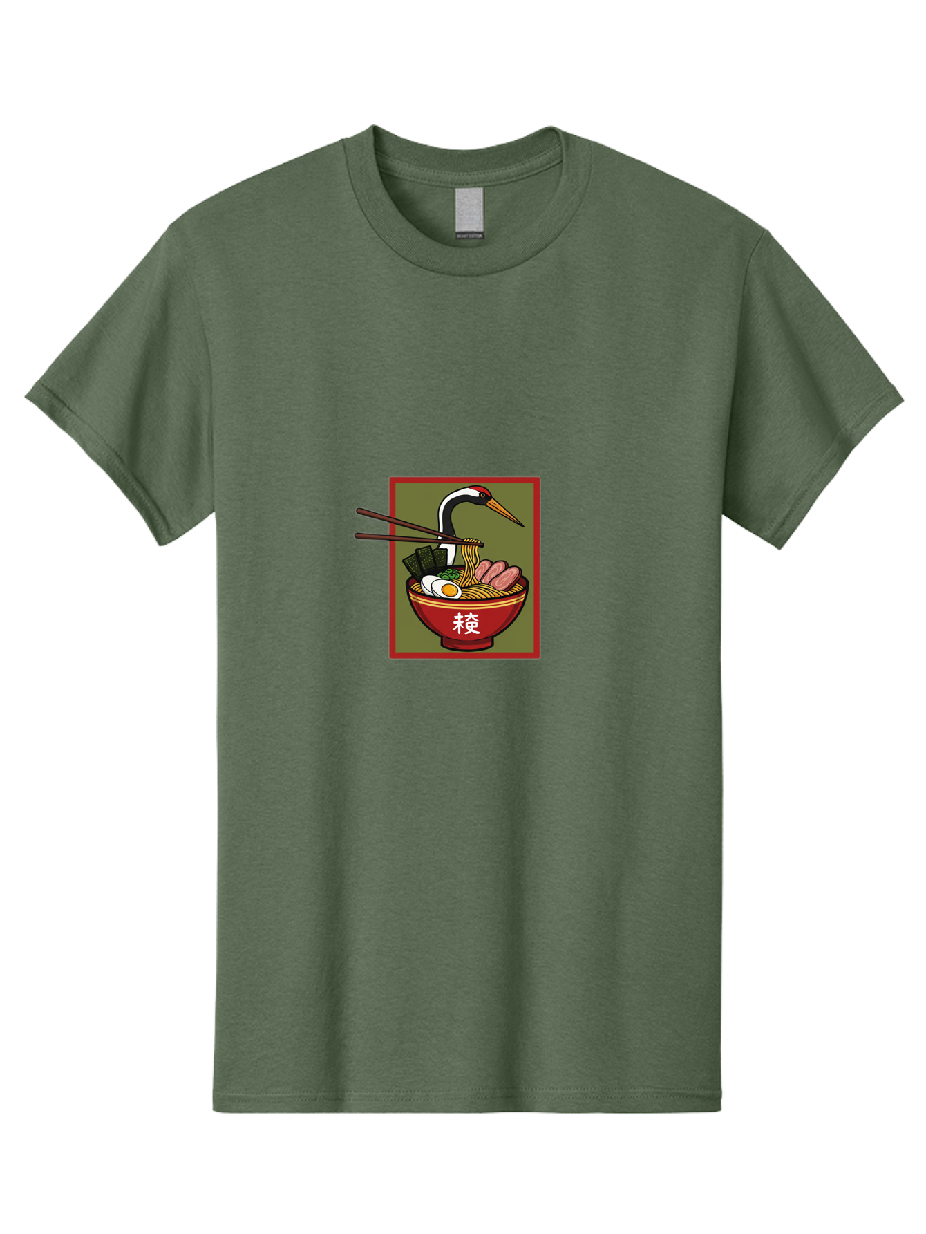Ramen-With-Crane Men'S Graphic Tee, 100% Cotton, Comfortable Casual Summer Wear, Machine Washable, Ramen Bowl, Japanese Noodle Soup, Crane Bird, Chopsticks, Boiled Egg, Pork Slices, Seaweed, Kanji Characters, Oriental Cuisine, Savory Dish Bab319