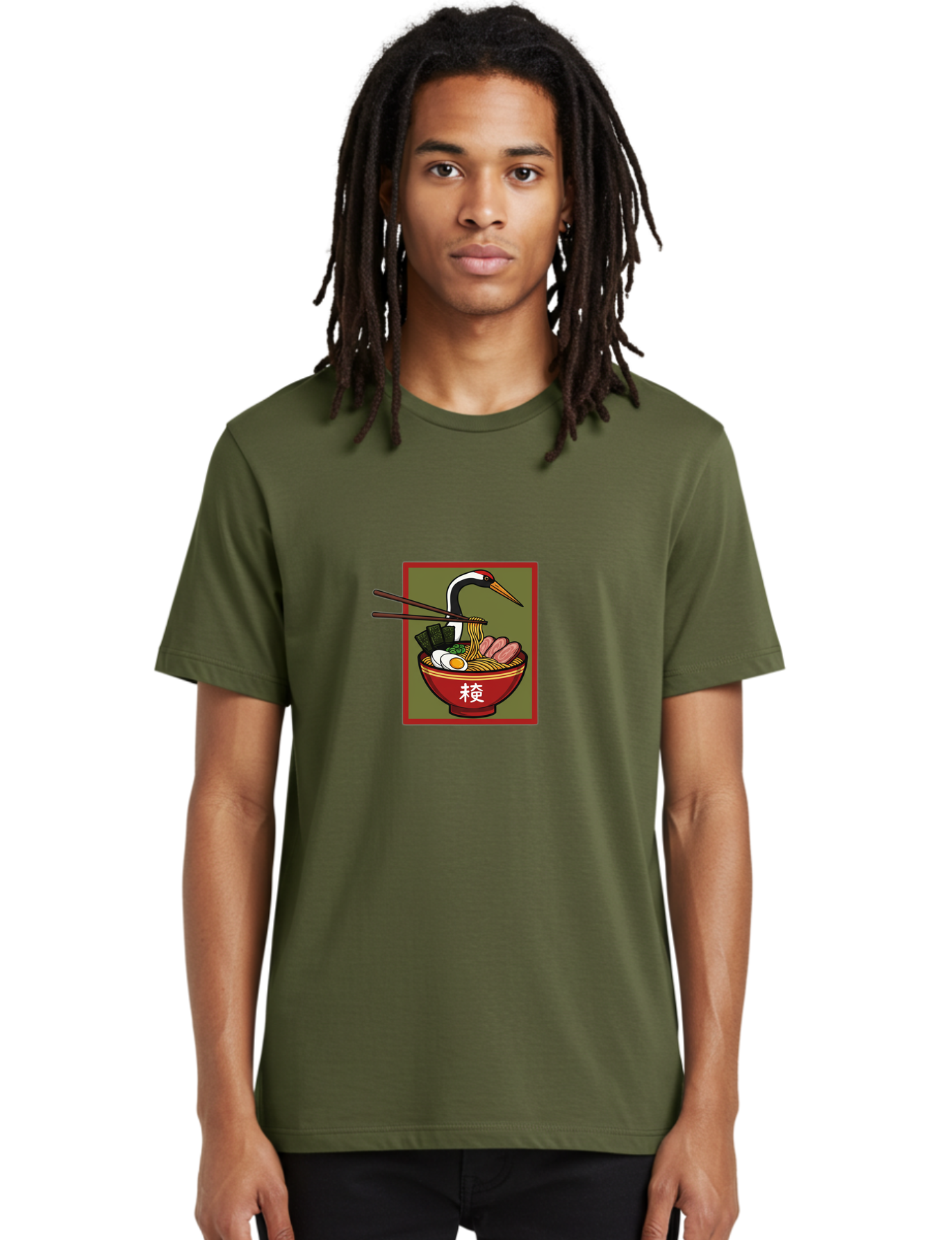 Ramen-With-Crane Men'S Graphic Tee, 100% Cotton, Comfortable Casual Summer Wear, Machine Washable, Ramen Bowl, Japanese Noodle Soup, Crane Bird, Chopsticks, Boiled Egg, Pork Slices, Seaweed, Kanji Characters, Oriental Cuisine, Savory Dish Bab319