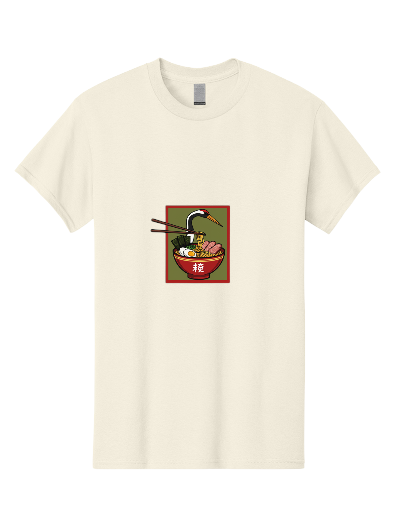 Ramen-With-Crane Men'S Graphic Tee, 100% Cotton, Comfortable Casual Summer Wear, Machine Washable, Ramen Bowl, Japanese Noodle Soup, Crane Bird, Chopsticks, Boiled Egg, Pork Slices, Seaweed, Kanji Characters, Oriental Cuisine, Savory Dish Bab319