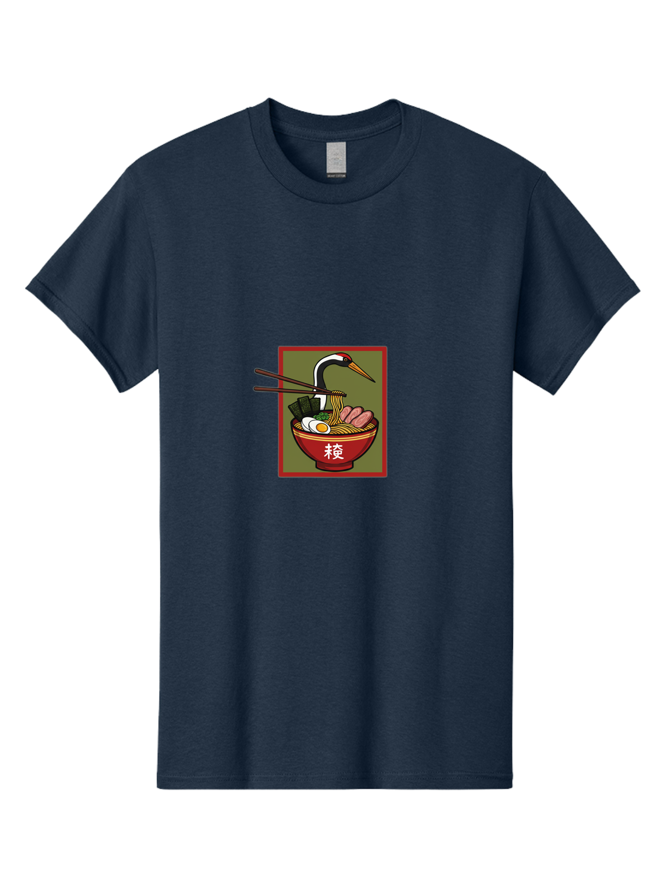 Ramen-With-Crane Men'S Graphic Tee, 100% Cotton, Comfortable Casual Summer Wear, Machine Washable, Ramen Bowl, Japanese Noodle Soup, Crane Bird, Chopsticks, Boiled Egg, Pork Slices, Seaweed, Kanji Characters, Oriental Cuisine, Savory Dish Bab319