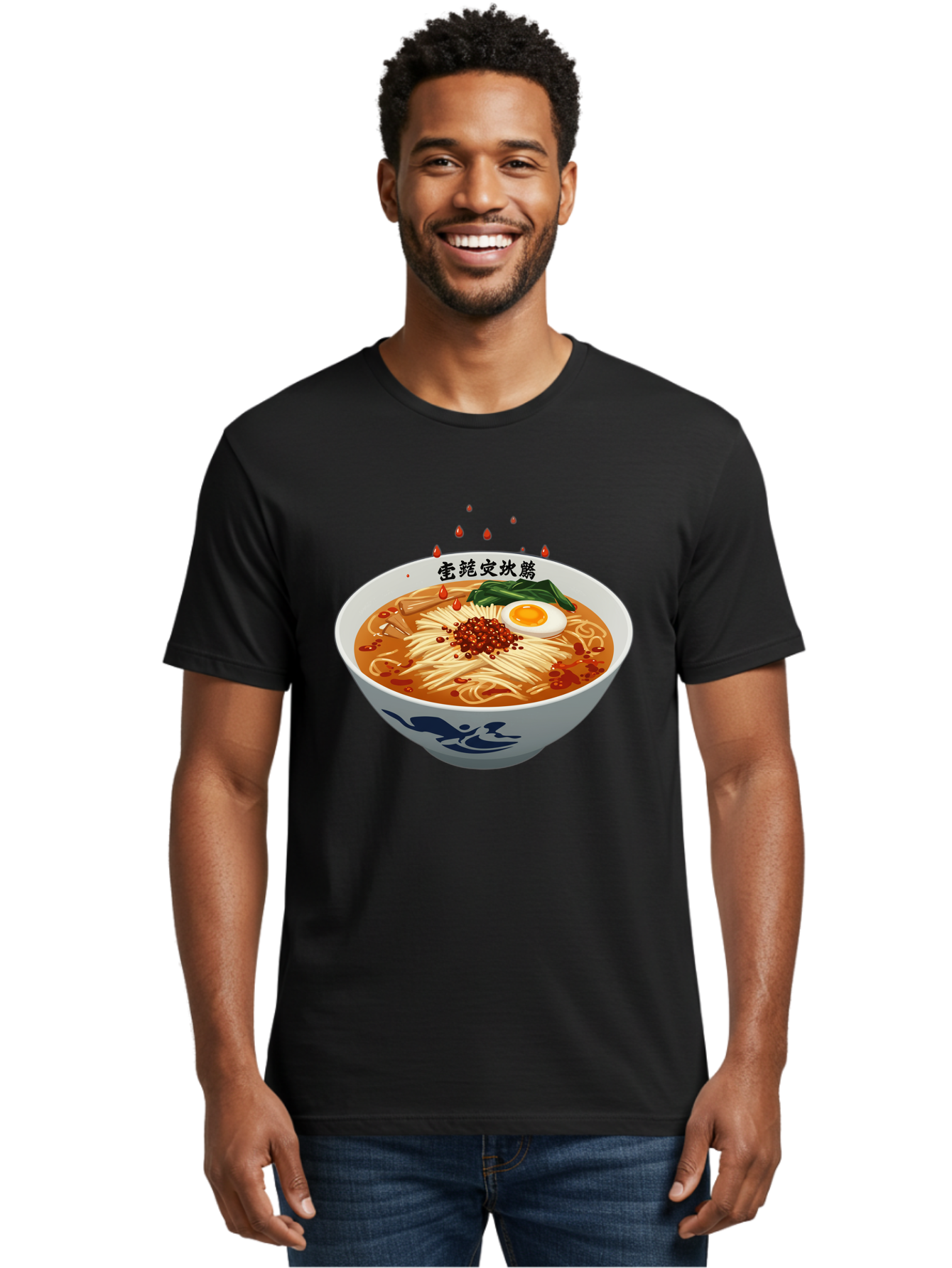 Ramen-With-Egg Men'S Graphic Tee, 100% Cotton, Comfortable Casual Summer Wear, Machine Washable, Spicy Ramen, Boiled Egg, Noodles, Red Pepper, Asian Cuisine, Japanese Food, Chinese Characters, Cartoon Illustration, Savory Broth Bab320