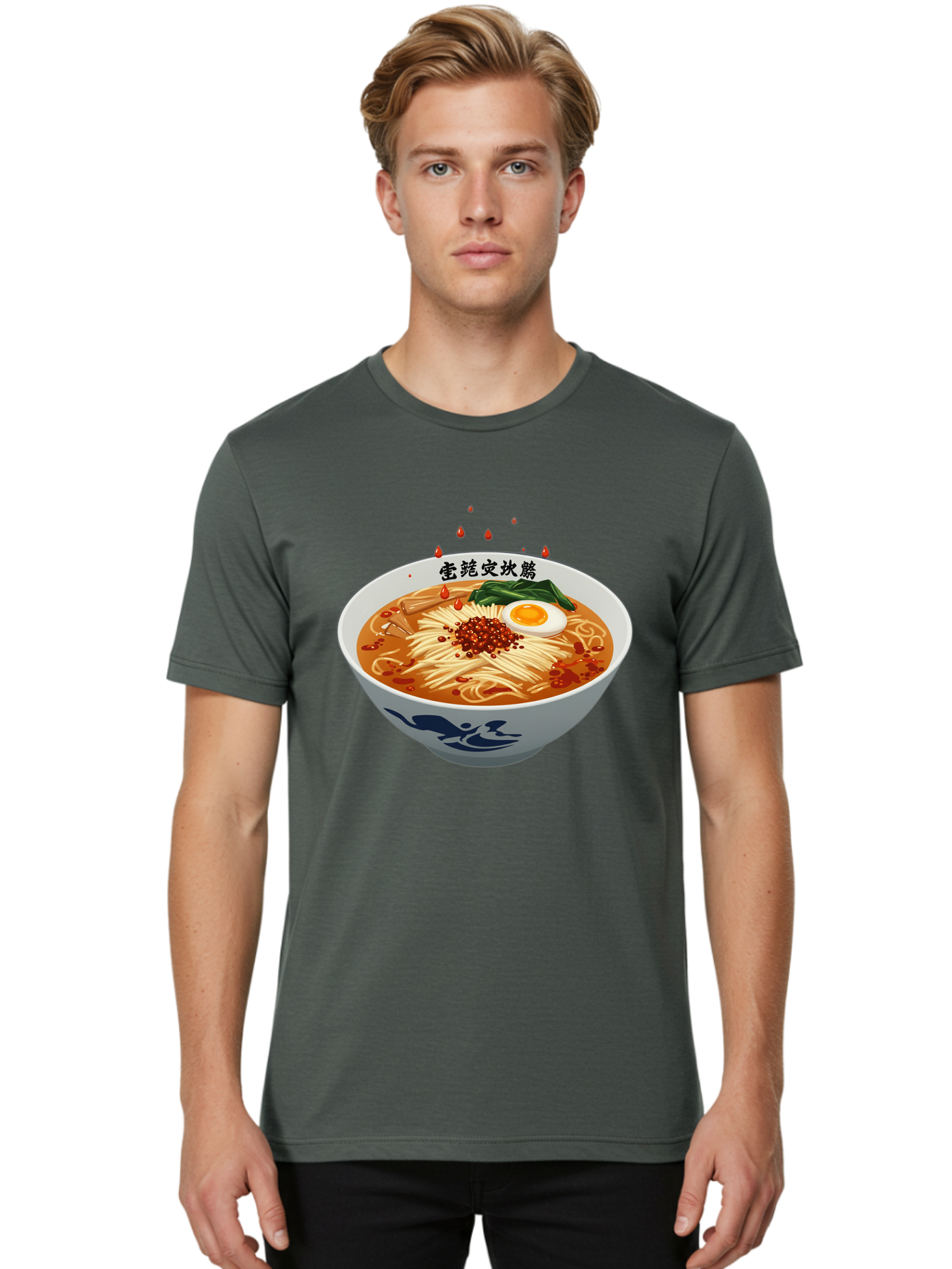 Ramen-With-Egg Men'S Graphic Tee, 100% Cotton, Comfortable Casual Summer Wear, Machine Washable, Spicy Ramen, Boiled Egg, Noodles, Red Pepper, Asian Cuisine, Japanese Food, Chinese Characters, Cartoon Illustration, Savory Broth Bab320