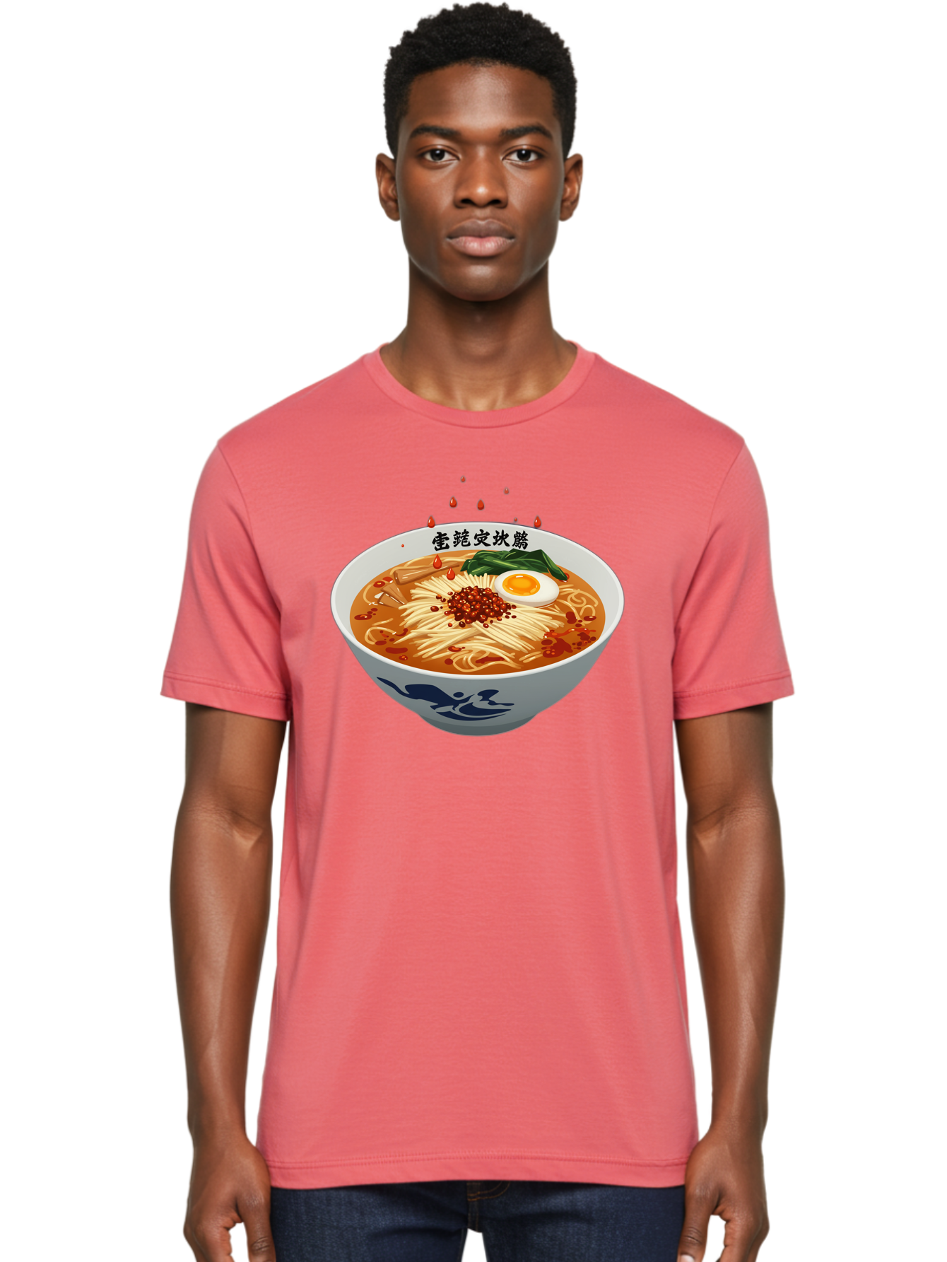 Ramen-With-Egg Men'S Graphic Tee, 100% Cotton, Comfortable Casual Summer Wear, Machine Washable, Spicy Ramen, Boiled Egg, Noodles, Red Pepper, Asian Cuisine, Japanese Food, Chinese Characters, Cartoon Illustration, Savory Broth Bab320