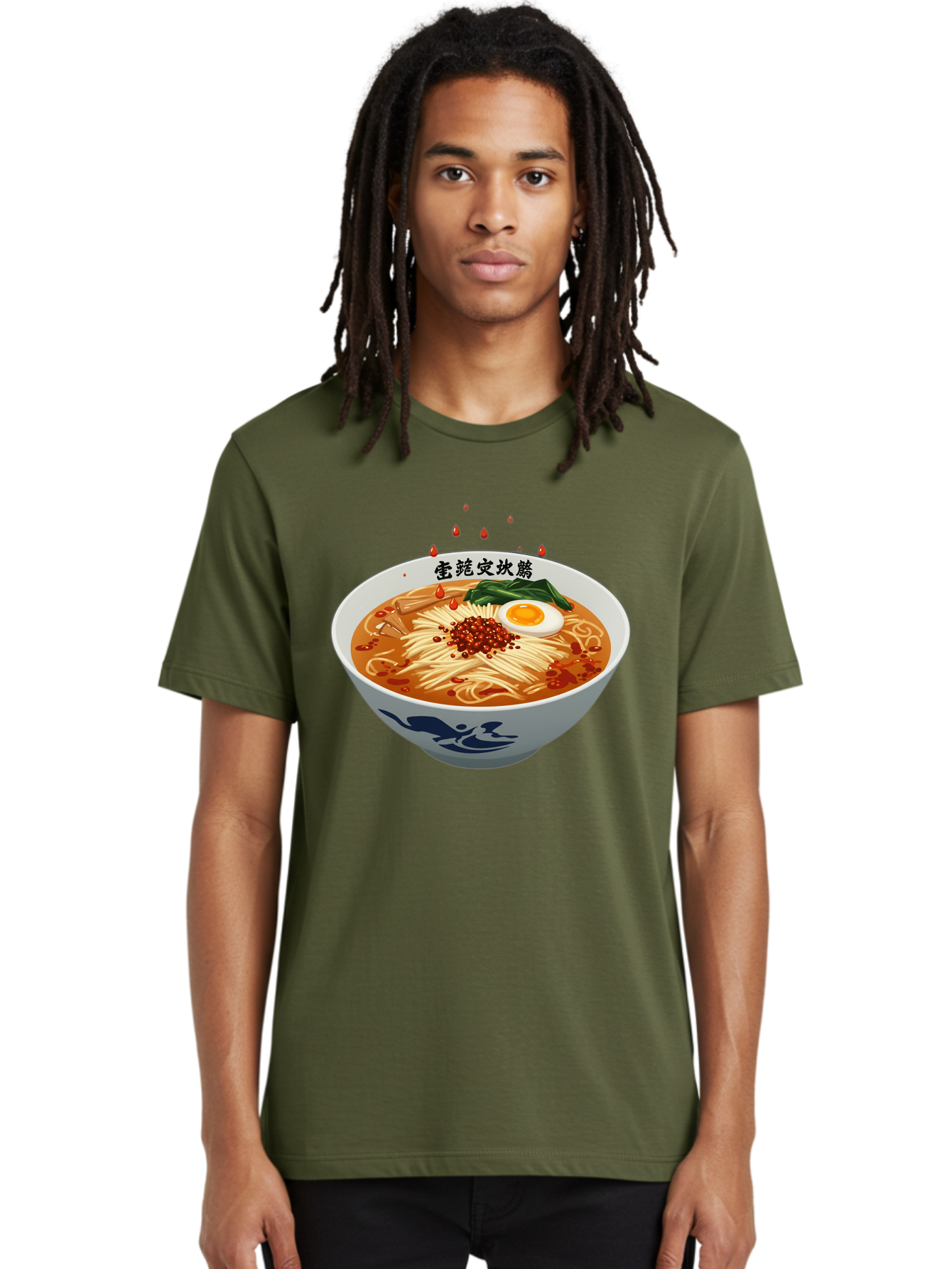 Ramen-With-Egg Men'S Graphic Tee, 100% Cotton, Comfortable Casual Summer Wear, Machine Washable, Spicy Ramen, Boiled Egg, Noodles, Red Pepper, Asian Cuisine, Japanese Food, Chinese Characters, Cartoon Illustration, Savory Broth Bab320