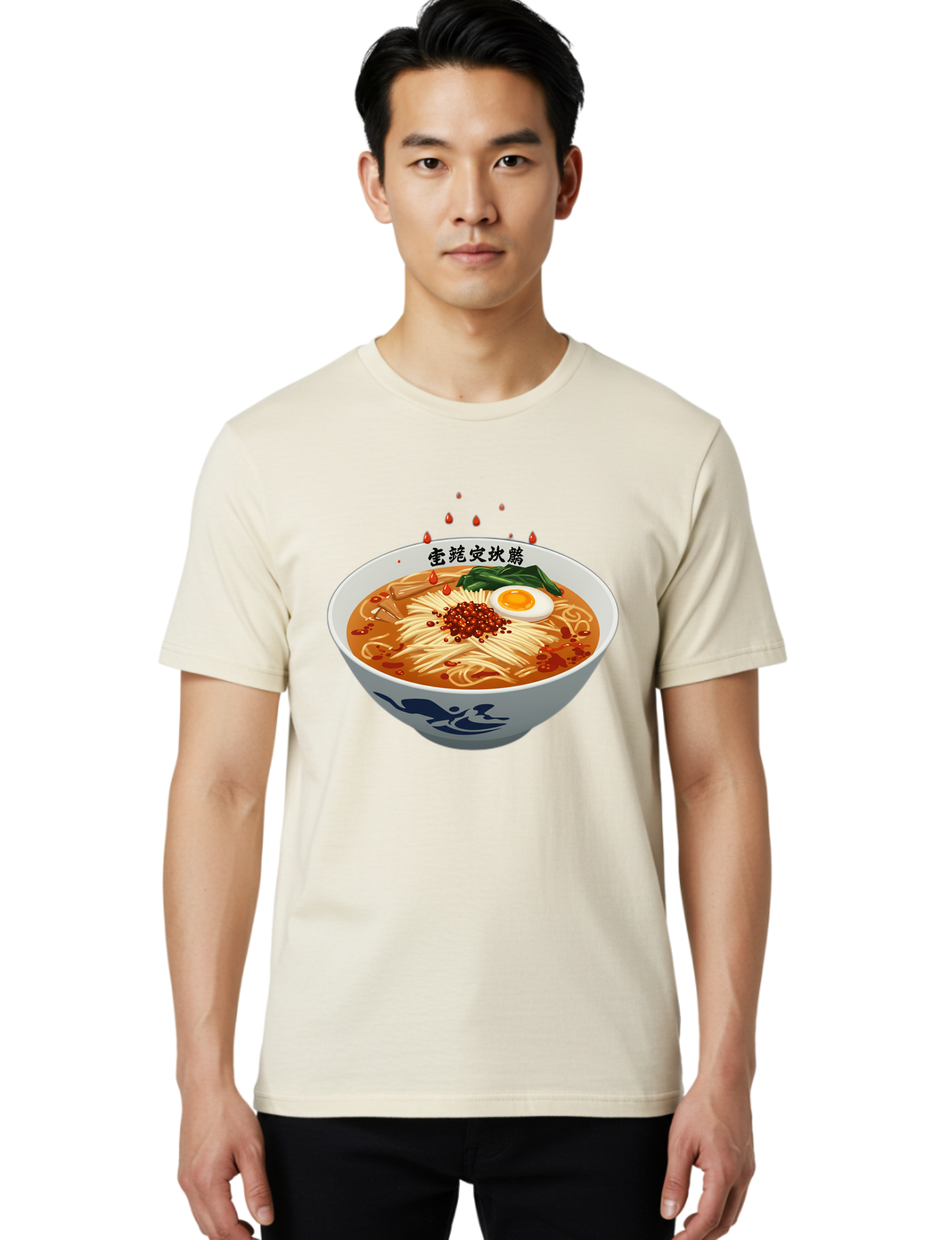 Ramen-With-Egg Men'S Graphic Tee, 100% Cotton, Comfortable Casual Summer Wear, Machine Washable, Spicy Ramen, Boiled Egg, Noodles, Red Pepper, Asian Cuisine, Japanese Food, Chinese Characters, Cartoon Illustration, Savory Broth Bab320