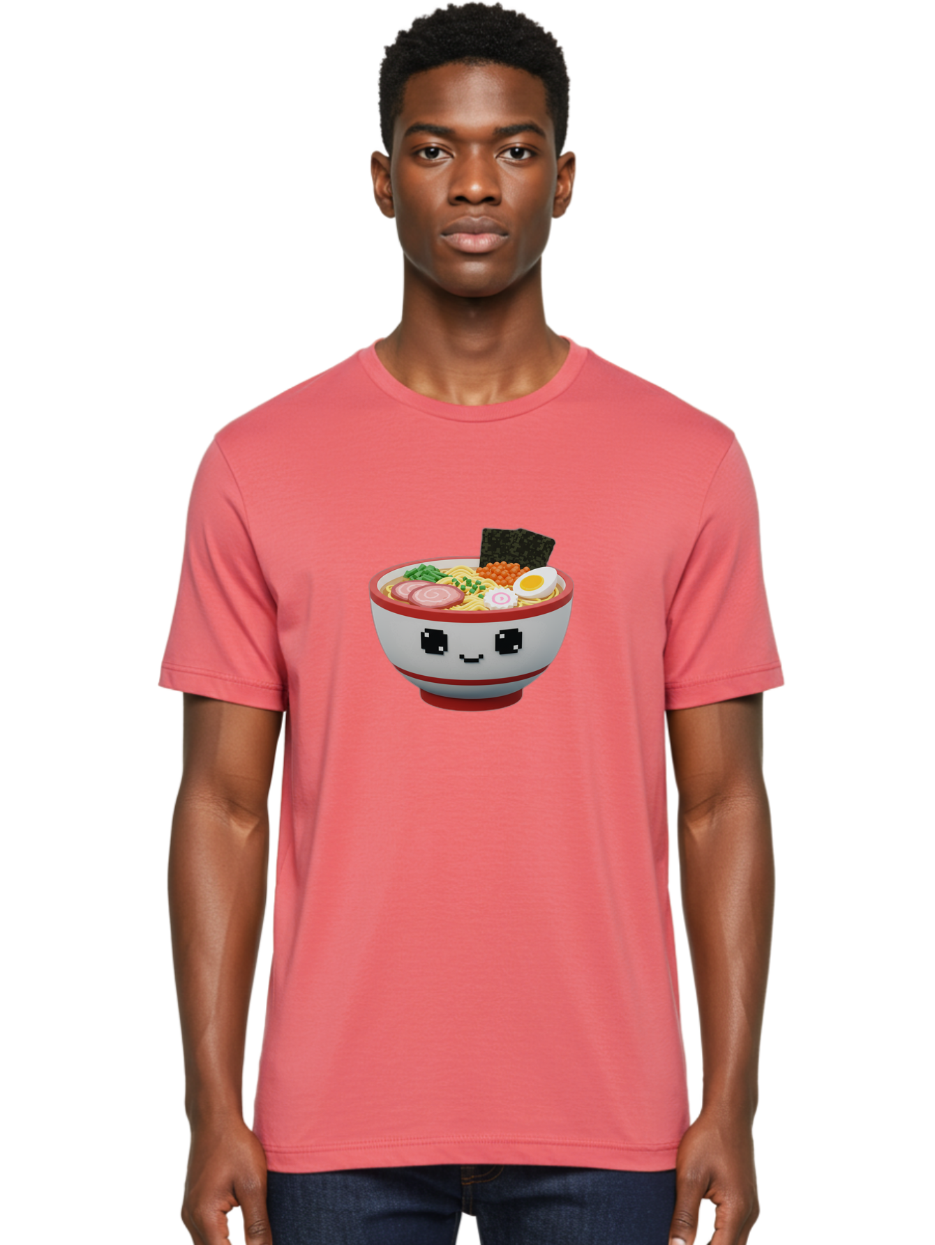 Ramen Men'S Graphic Tee, 100% Cotton, Comfortable Casual Summer Wear, Machine Washable, Cartoon Ramen Bowl, Pixel Art Style, Delicious Noodle Soup, Tasty Ingredients, Boiled Egg, Seaweed, Kawaii Food, Adorable Character, Anime Inspired, Bab321