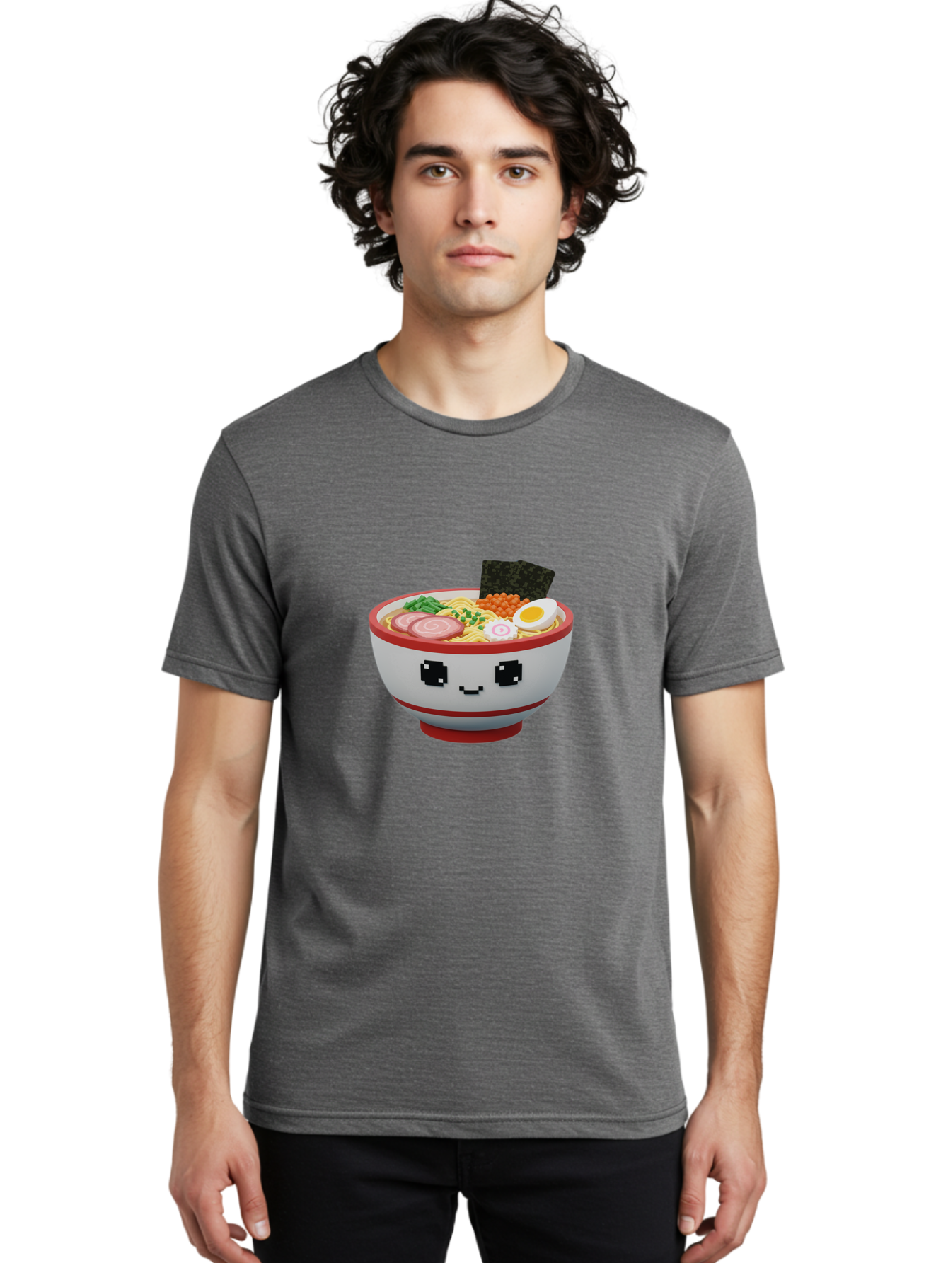 Ramen Men'S Graphic Tee, 100% Cotton, Comfortable Casual Summer Wear, Machine Washable, Cartoon Ramen Bowl, Pixel Art Style, Delicious Noodle Soup, Tasty Ingredients, Boiled Egg, Seaweed, Kawaii Food, Adorable Character, Anime Inspired, Bab321