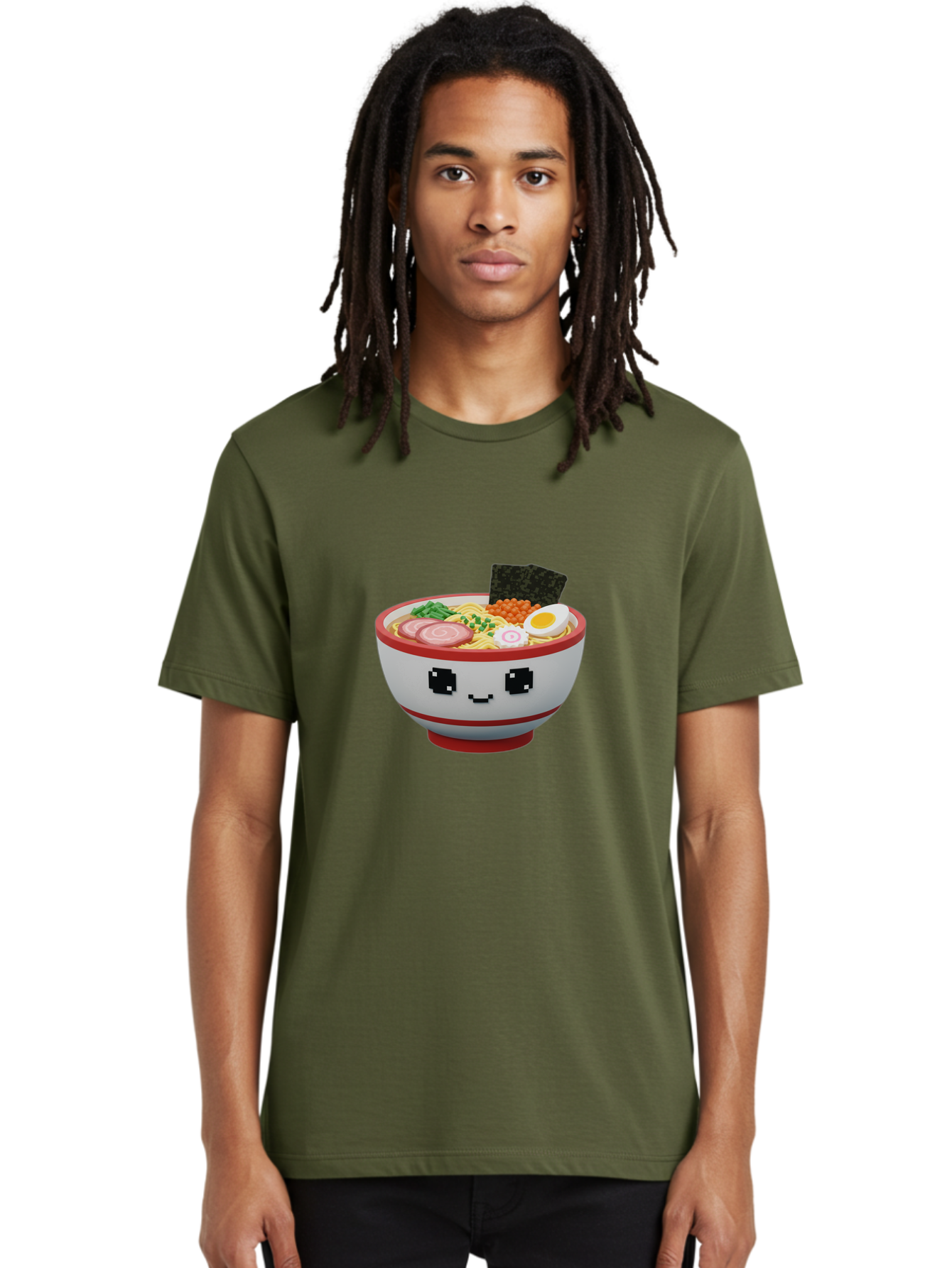 Ramen Men'S Graphic Tee, 100% Cotton, Comfortable Casual Summer Wear, Machine Washable, Cartoon Ramen Bowl, Pixel Art Style, Delicious Noodle Soup, Tasty Ingredients, Boiled Egg, Seaweed, Kawaii Food, Adorable Character, Anime Inspired, Bab321