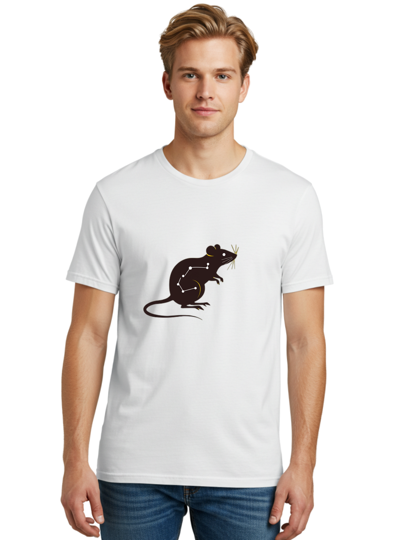 Rat-Constellation Men'S Graphic Tee, 100% Cotton, Comfortable Casual Summer Wear, Machine Washable, Rat Silhouette, Constellation Pattern, Zodiac Symbol, Black Rat, White Stars, Mystical Animal, Astrology, Horoscope Sign Bab322