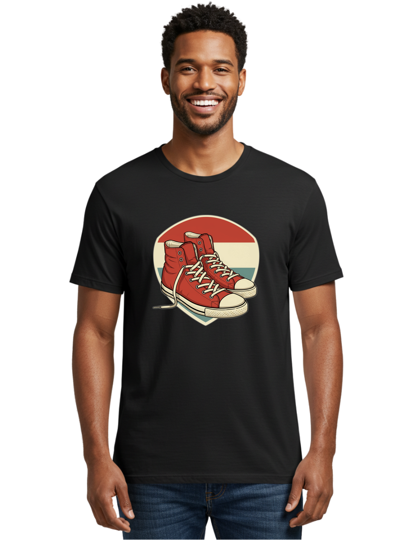 Red-Converse-Shoes Men'S Graphic Tee, 100% Cotton, Comfortable Casual Summer Wear, Machine Washable, Red High Top Sneakers, White Laces, Converse Shoes, Retro Sneakers, Vintage Footwear, Casual Wear, Comfortable Shoes, Red Canvas Sneakers, Bab325