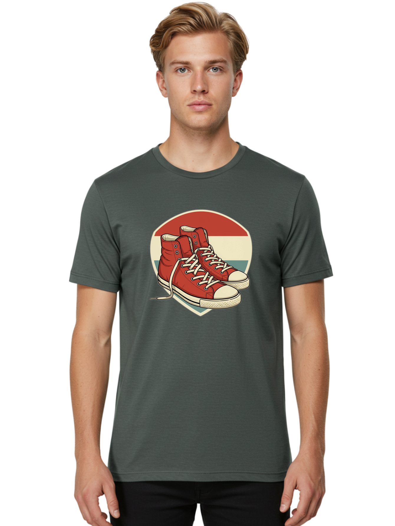 Red-Converse-Shoes Men'S Graphic Tee, 100% Cotton, Comfortable Casual Summer Wear, Machine Washable, Red High Top Sneakers, White Laces, Converse Shoes, Retro Sneakers, Vintage Footwear, Casual Wear, Comfortable Shoes, Red Canvas Sneakers, Bab325