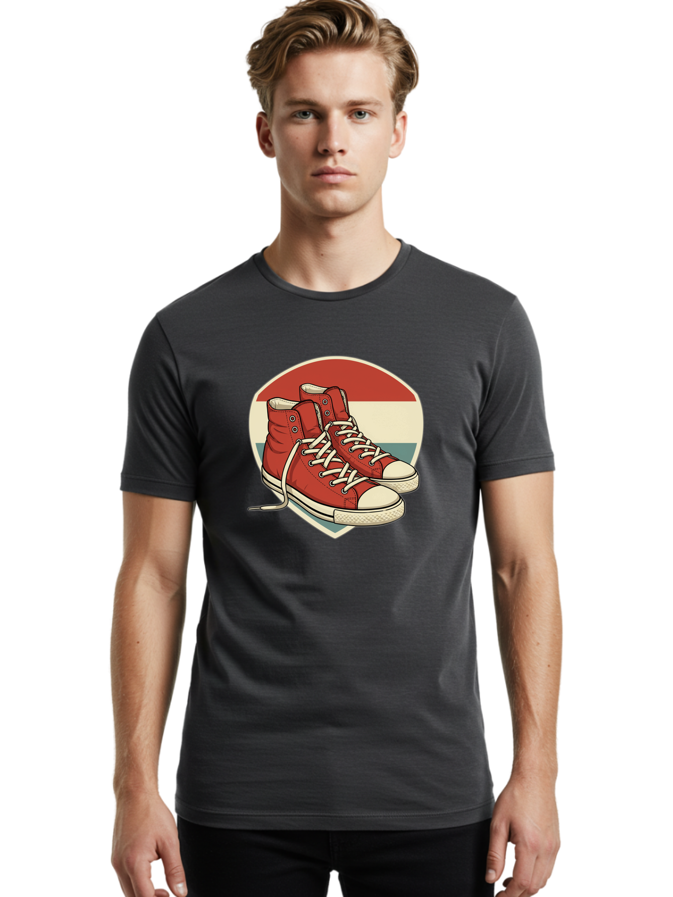 Red-Converse-Shoes Men'S Graphic Tee, 100% Cotton, Comfortable Casual Summer Wear, Machine Washable, Red High Top Sneakers, White Laces, Converse Shoes, Retro Sneakers, Vintage Footwear, Casual Wear, Comfortable Shoes, Red Canvas Sneakers, Bab325
