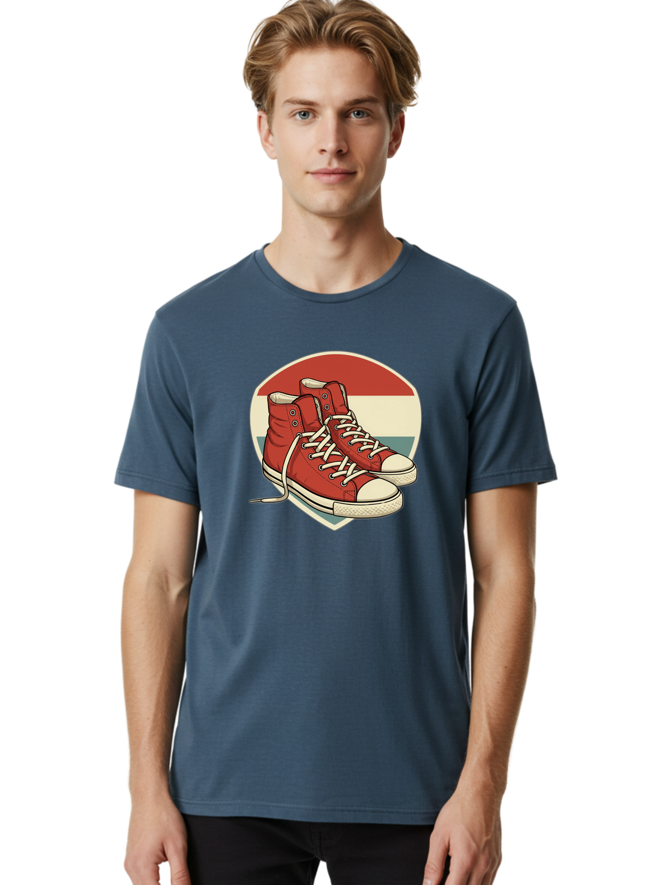 Red-Converse-Shoes Men'S Graphic Tee, 100% Cotton, Comfortable Casual Summer Wear, Machine Washable, Red High Top Sneakers, White Laces, Converse Shoes, Retro Sneakers, Vintage Footwear, Casual Wear, Comfortable Shoes, Red Canvas Sneakers, Bab325